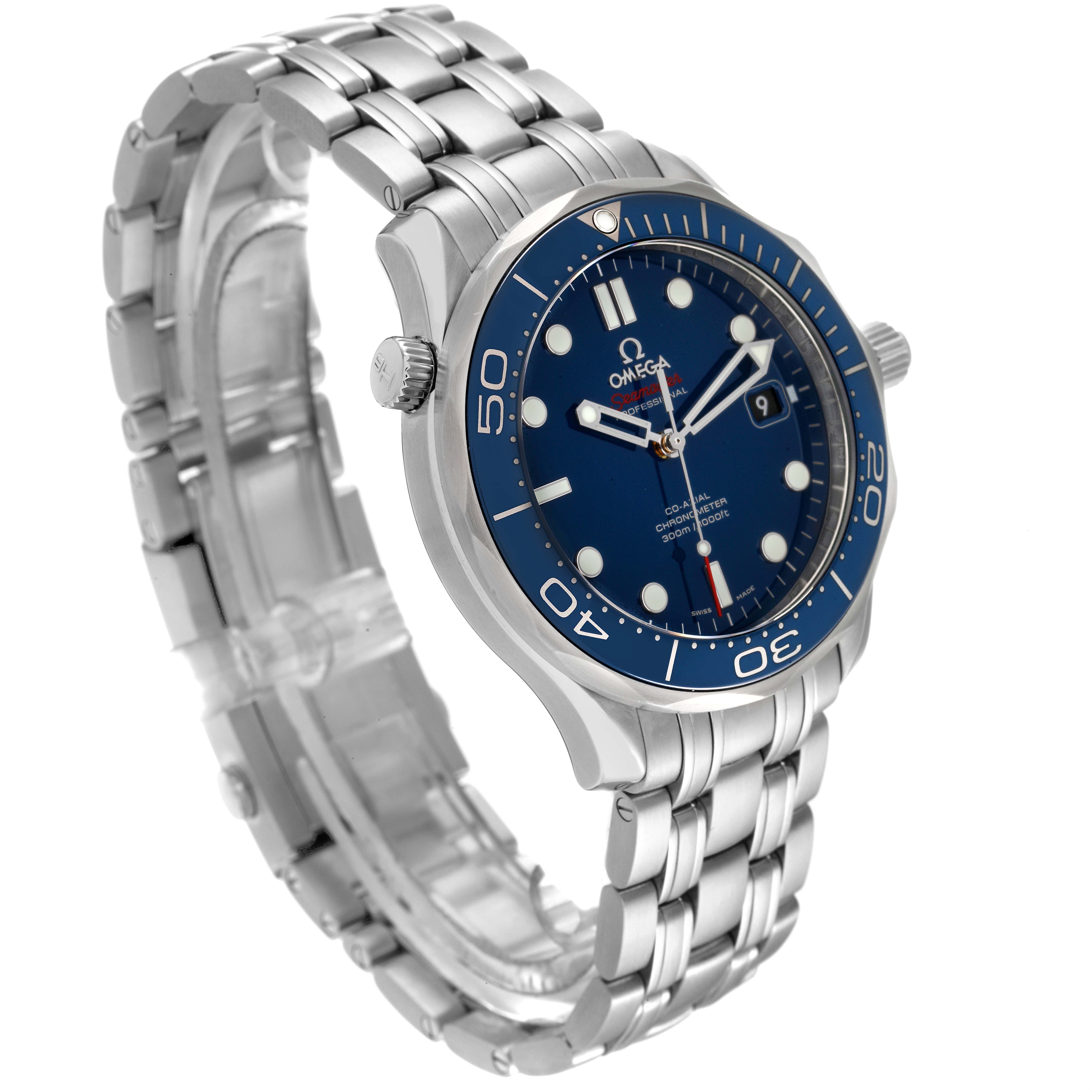 The Omega Seamaster 212.30.41.20.03.001 Men's Stainless Steel Blue Dial 212.30.41.20.03.001 Men's Stainless Steel Blue Dial watch is shown at a slight angle, displaying its blue dial, bezel, crown, and stainless steel bracelet.