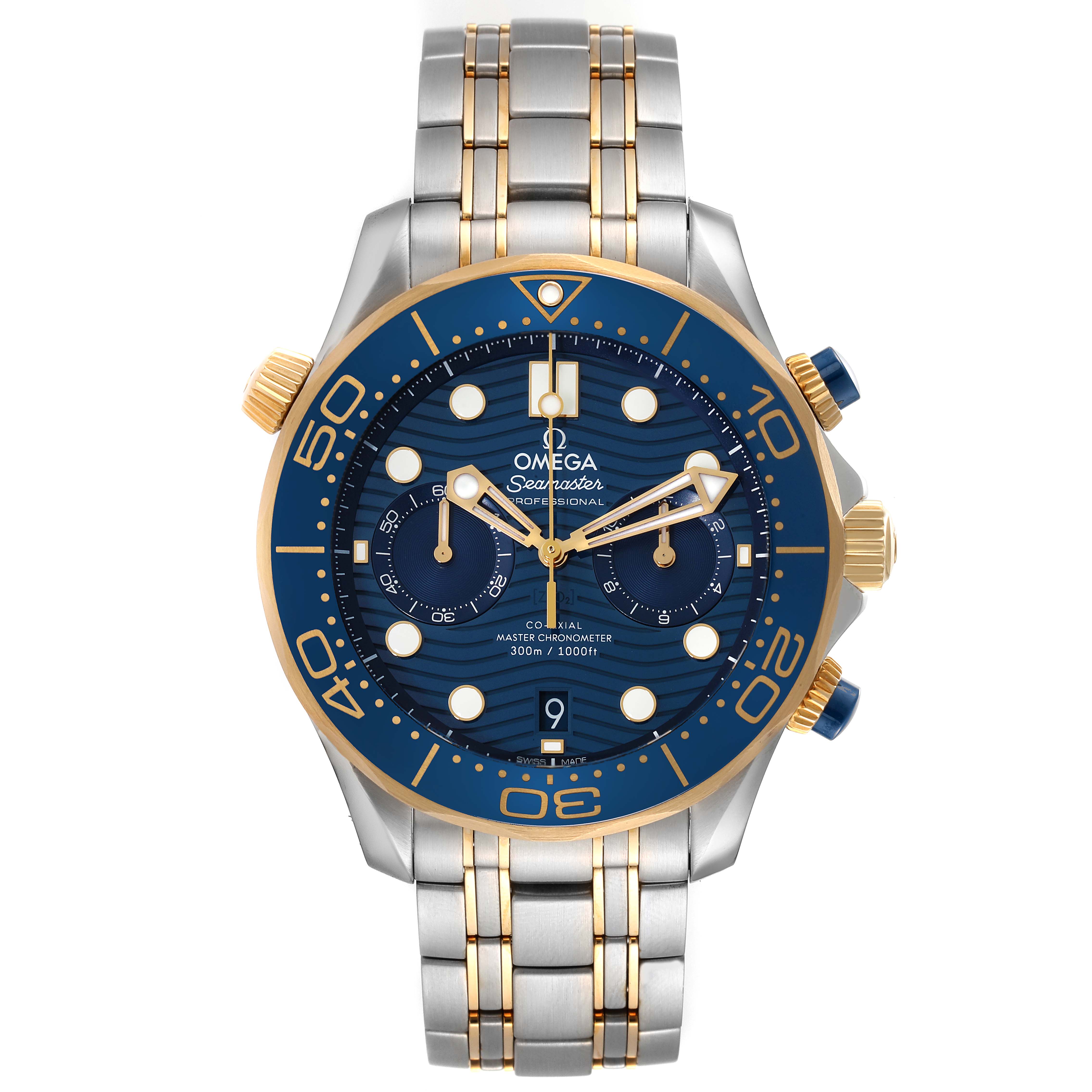 The image shows a front view of an Omega Seamaster 210.20.44.51.03.001 Men's Steel and Gold (two tone) Blue Dial 210.20.44.51.03.001 Men's Steel and Gold (two tone) Blue Dial watch with a blue dial and a two-tone metal bracelet.