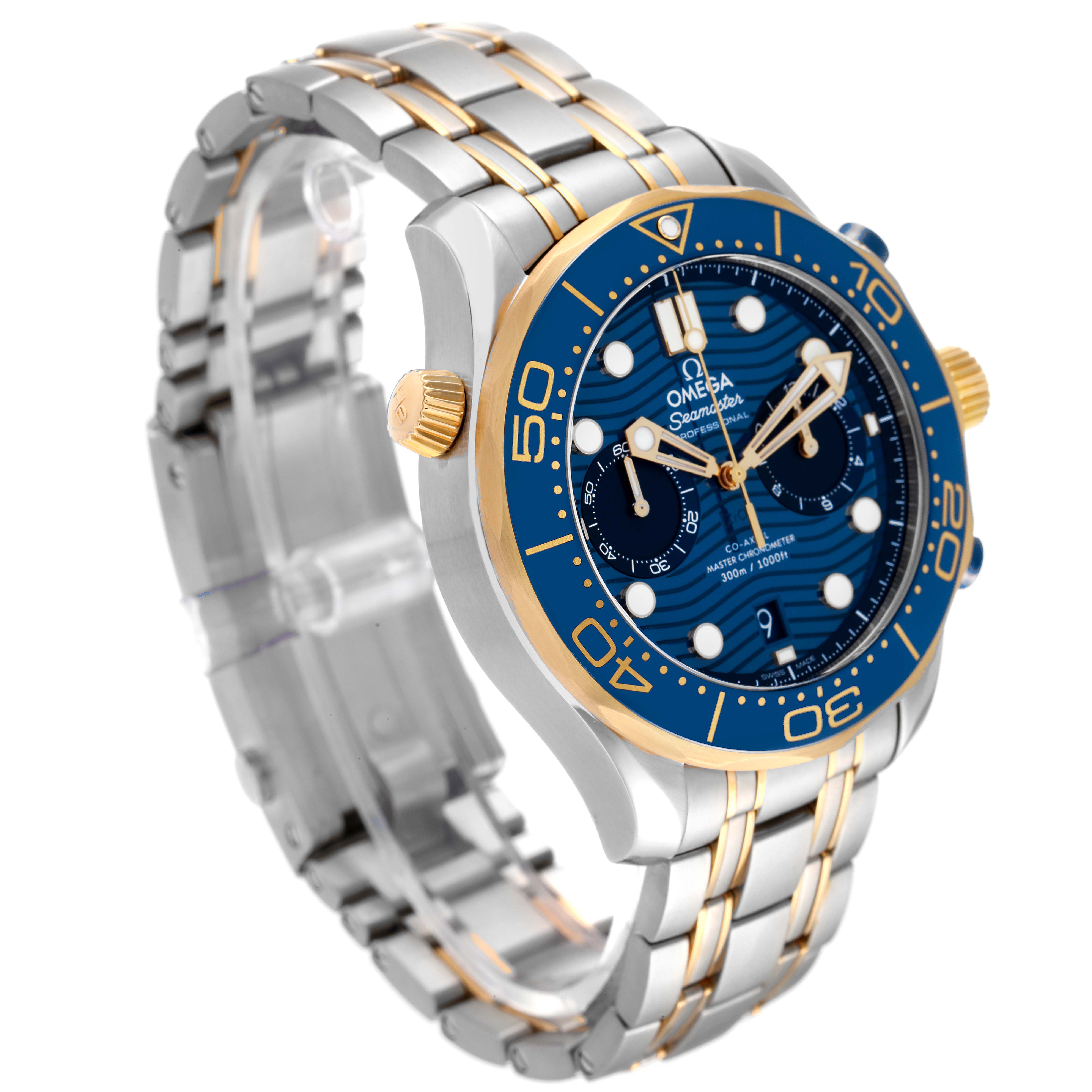 The Omega Seamaster 210.20.44.51.03.001 Men's Steel and Gold (two tone) Blue Dial 210.20.44.51.03.001 Men's Steel and Gold (two tone) Blue Dial watch is shown at an angled side view, displaying its blue dial, two-tone bracelet, and bezel.