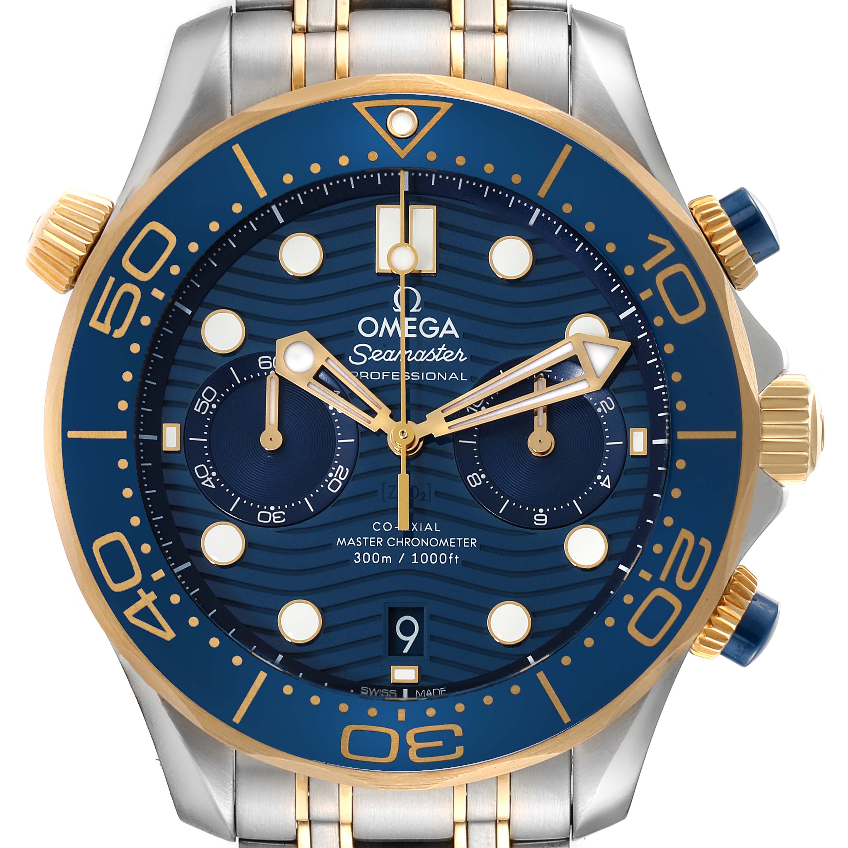 The Omega Seamaster 210.20.44.51.03.001 Men's Steel and Gold (two tone) Blue Dial 210.20.44.51.03.001 Men's Steel and Gold (two tone) Blue Dial watch is shown from a direct front angle, highlighting the dial, bezel, and parts of the bracelet.
