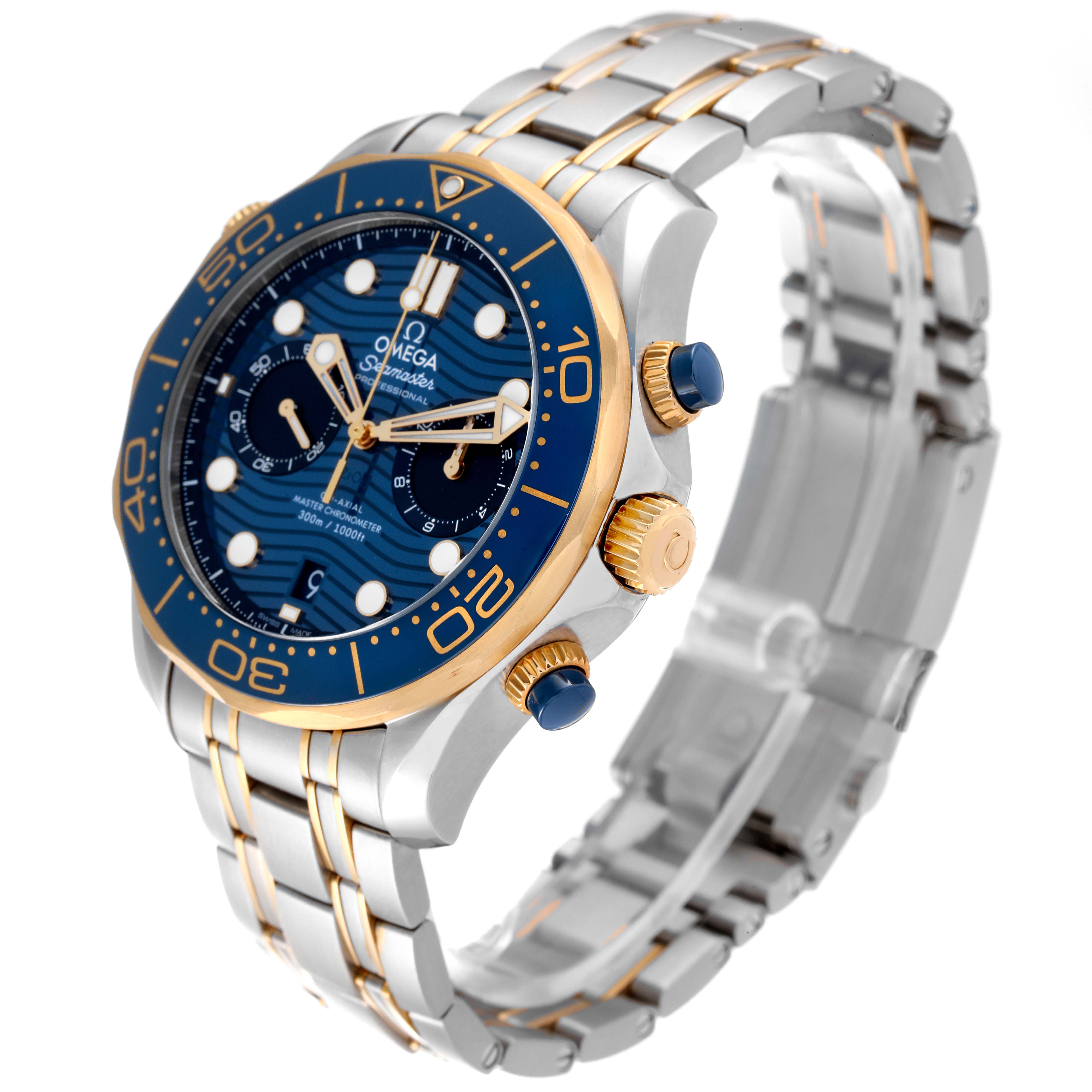 The image shows an angled view of the Omega Seamaster 210.20.44.51.03.001 Men's Steel and Gold (two tone) Blue Dial 210.20.44.51.03.001 Men's Steel and Gold (two tone) Blue Dial watch, highlighting its blue and gold bezel, dial, and metal bracelet.