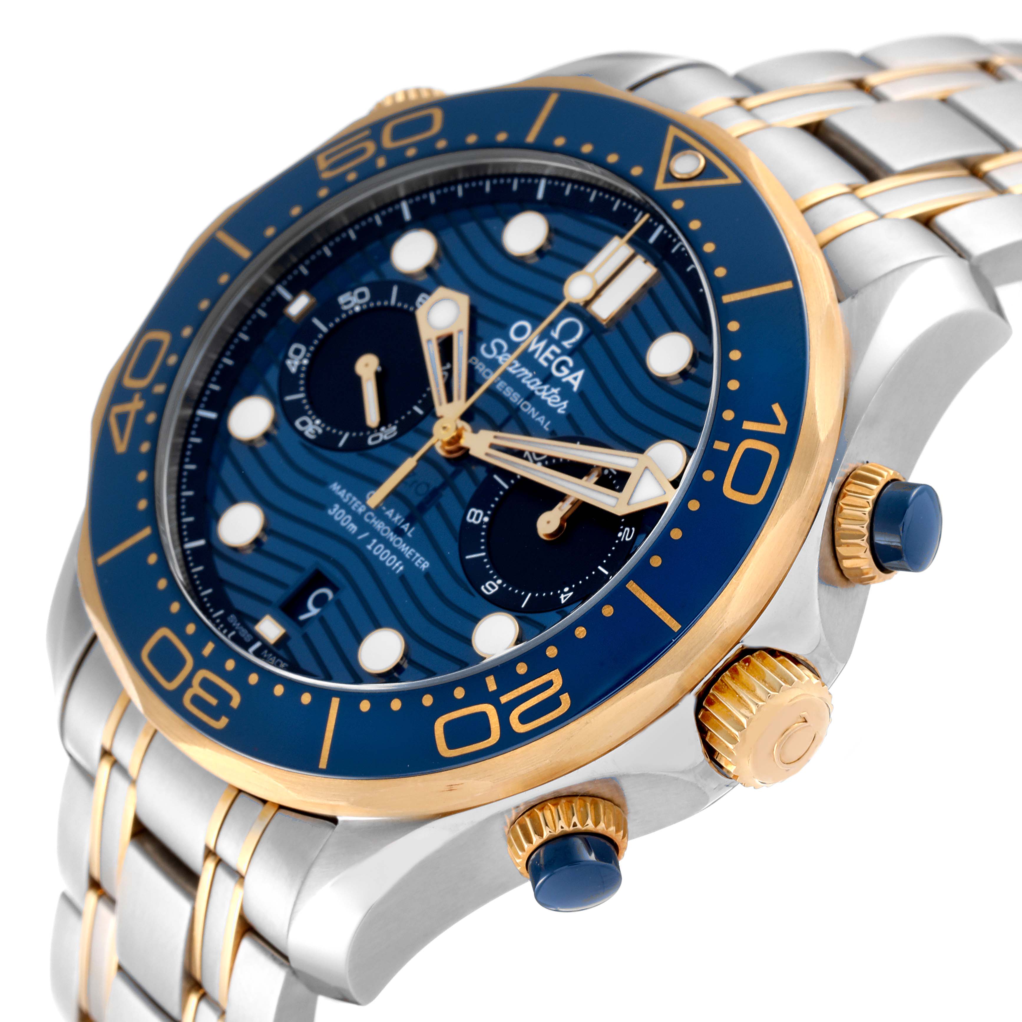 This image shows a close-up angle of an Omega Seamaster 210.20.44.51.03.001 Men's Steel and Gold (two tone) Blue Dial 210.20.44.51.03.001 Men's Steel and Gold (two tone) Blue Dial watch, highlighting its face, bezel, and crown.