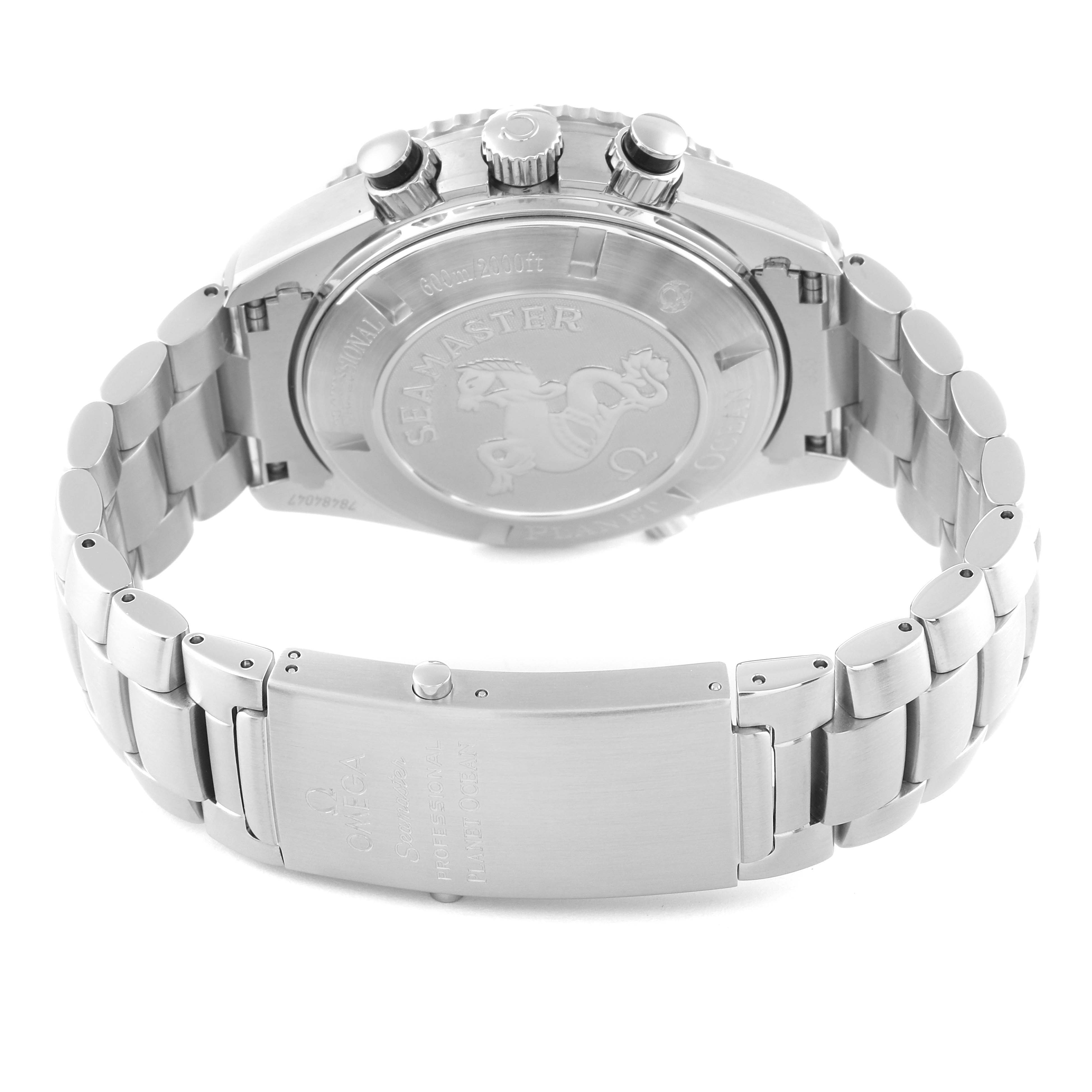 The image shows the back and bracelet of an Omega Planet Ocean 2210.50.00 Men
s Stainless Steel Black Dial 2210.50.00 Men
s Stainless Steel Black Dial watch, highlighting the case back and clasp.