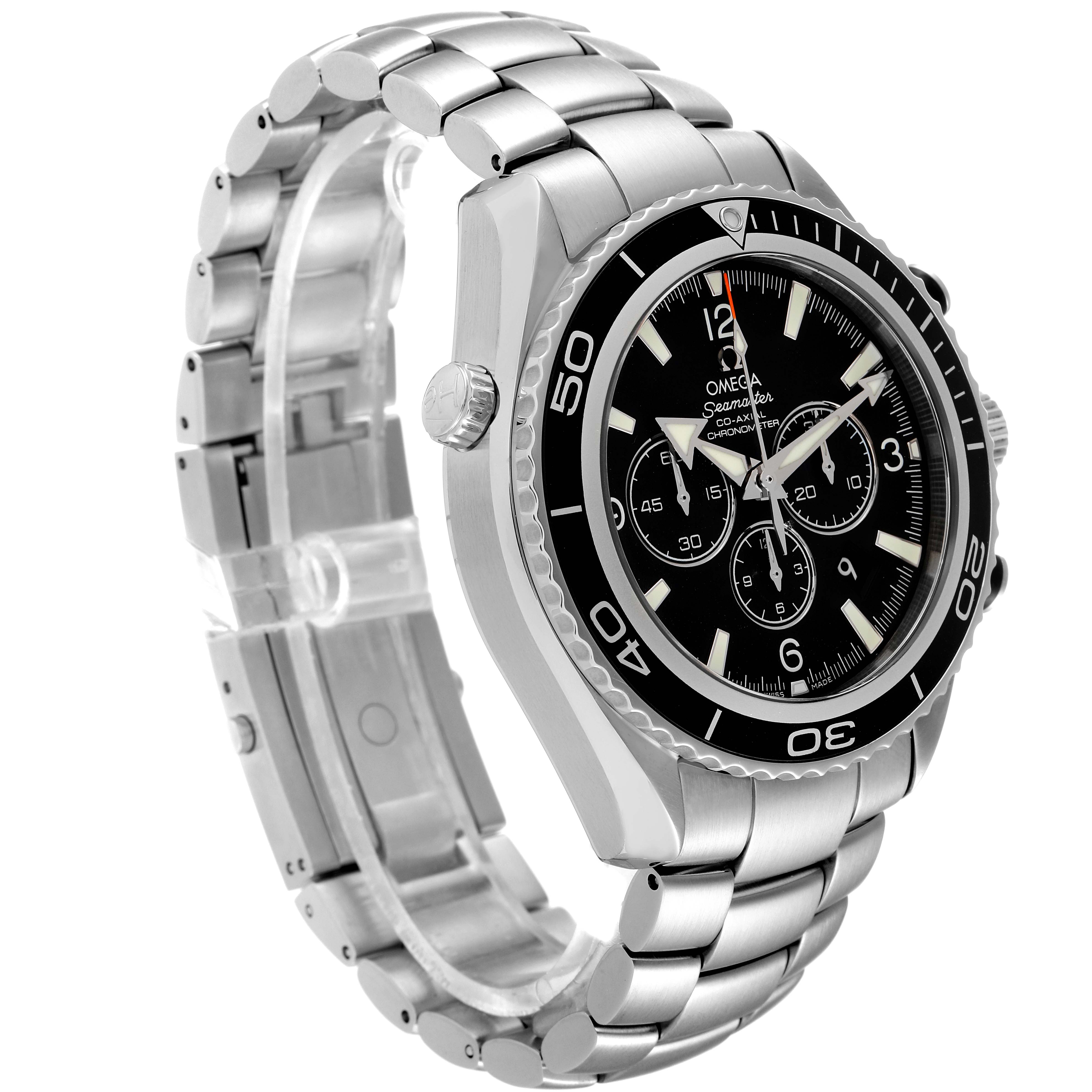 The Omega Planet Ocean 2210.50.00 Men
s Stainless Steel Black Dial 2210.50.00 Men
s Stainless Steel Black Dial watch is shown at a three-quarter angle, highlighting its bezel, dial, and stainless steel bracelet.