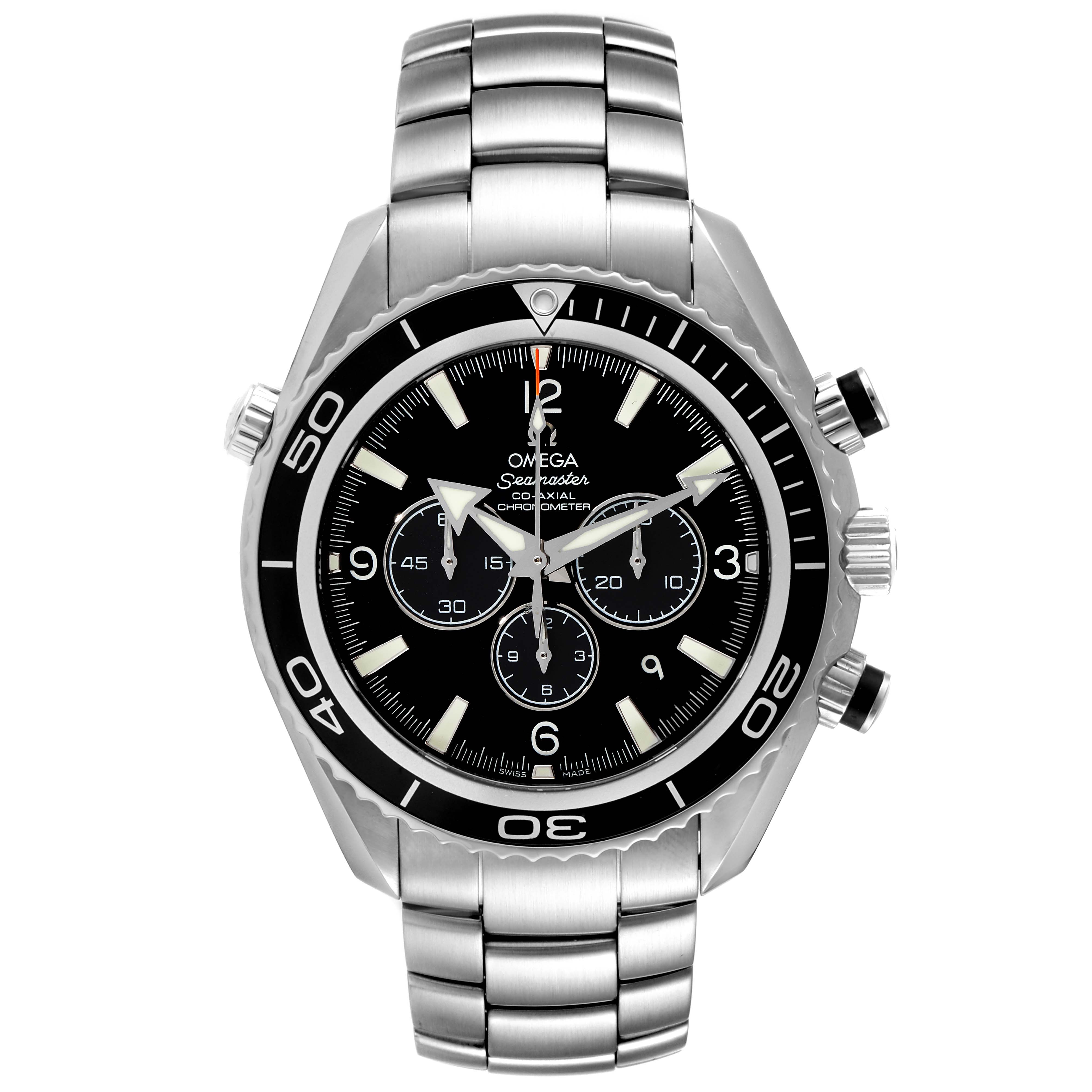 The Omega Planet Ocean 2210.50.00 Men
s Stainless Steel Black Dial 2210.50.00 Men
s Stainless Steel Black Dial watch is shown from a front angle, displaying the face, bezel, crown, pushers, and bracelet.