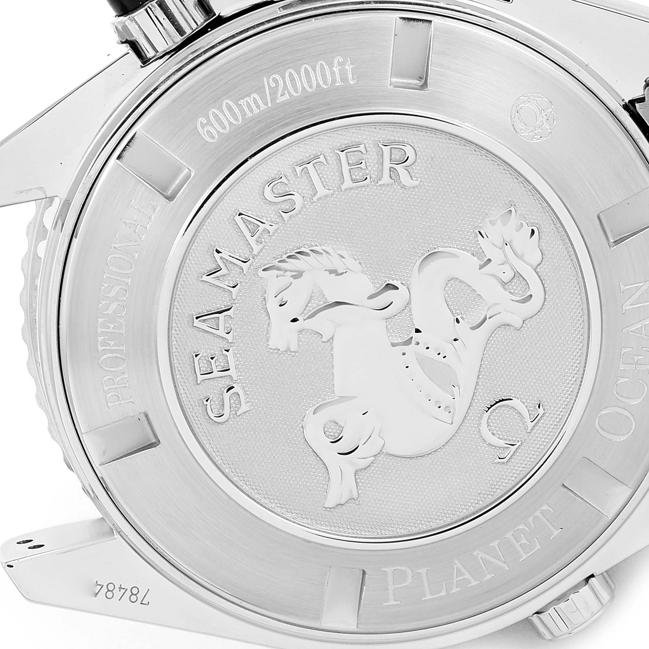 The image shows the back case of the Omega Planet Ocean 2210.50.00 Men
s Stainless Steel Black Dial 2210.50.00 Men
s Stainless Steel Black Dial watch, highlighting the "Seamaster" engraving and seahorse emblem.