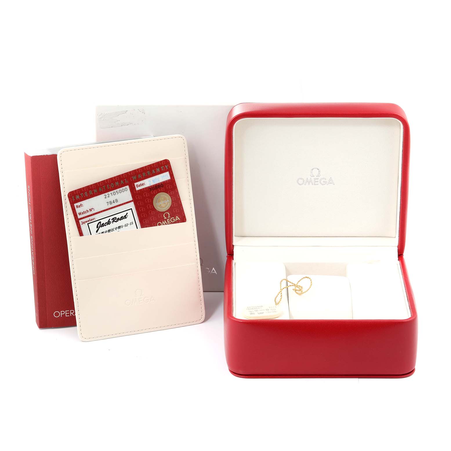 The Omega Planet Ocean 2210.50.00 Men
s Stainless Steel Black Dial 2210.50.00 Men
s Stainless Steel Black Dial watch accessories shown include a red and white box, warranty card, booklet, and a cardholder.