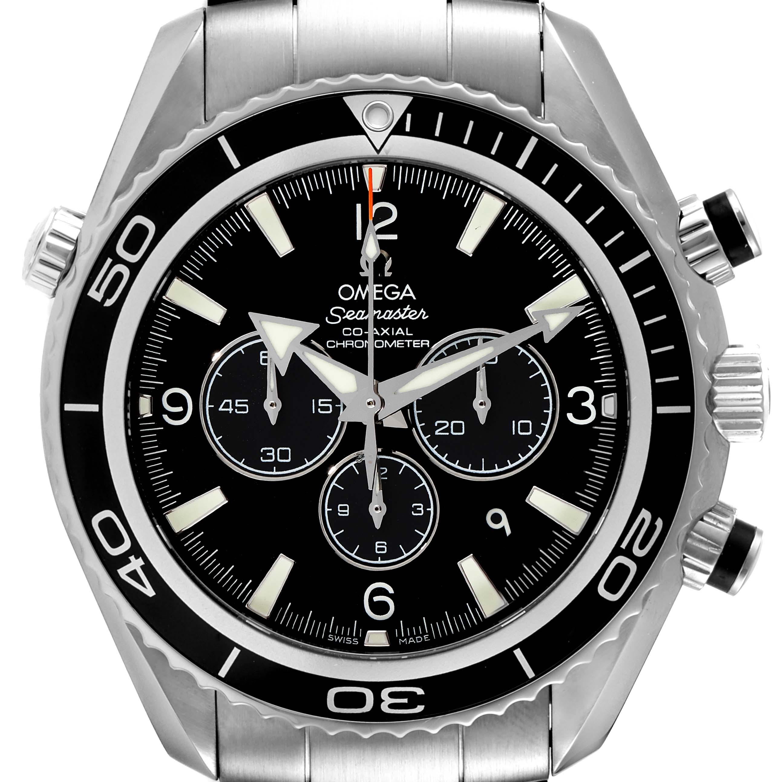 The Omega Planet Ocean 2210.50.00 Men
s Stainless Steel Black Dial 2210.50.00 Men
s Stainless Steel Black Dial model watch is shown from a front angle, displaying the face, bezel, and pushers.