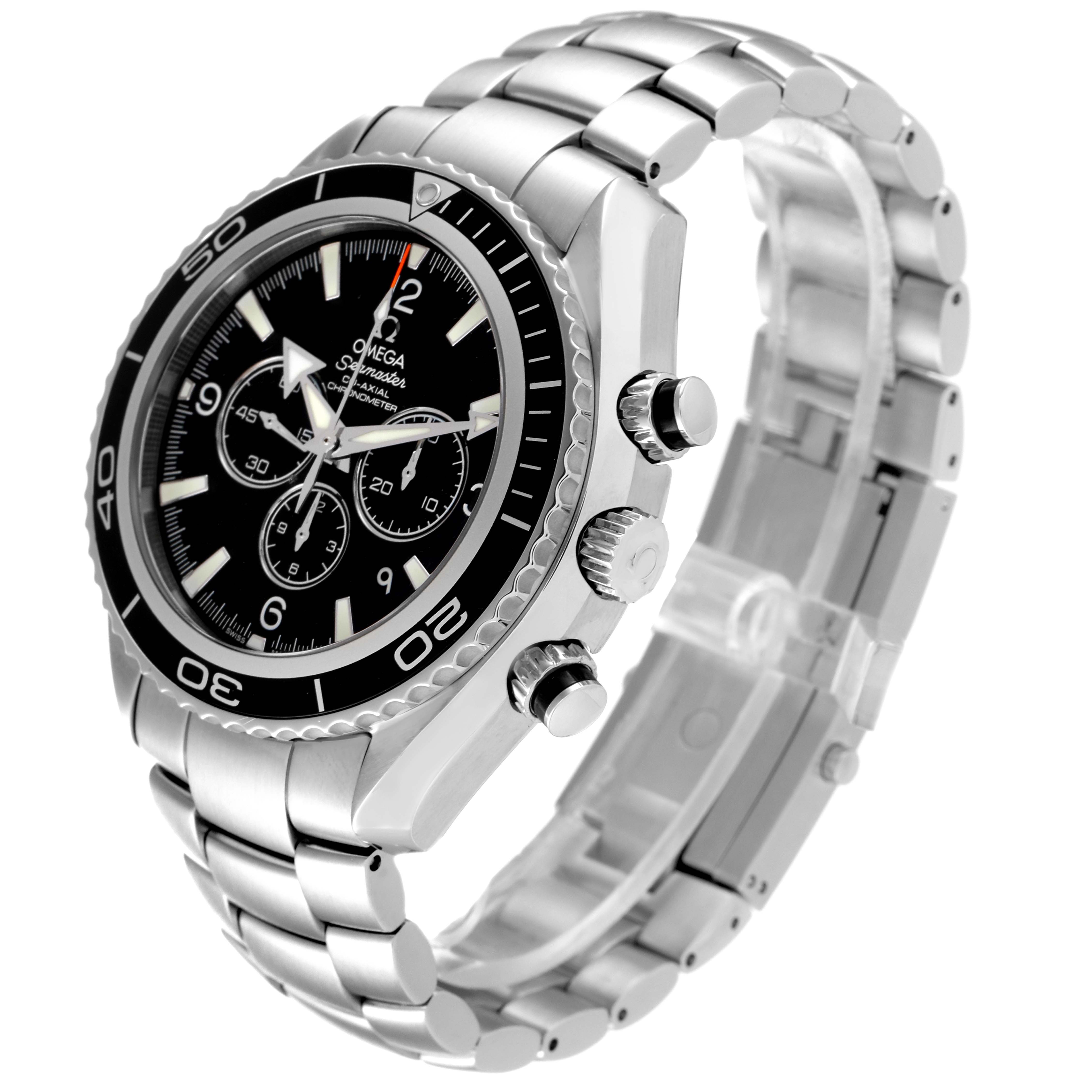 The image shows an angled view of the Omega Planet Ocean 2210.50.00 Men
s Stainless Steel Black Dial 2210.50.00 Men
s Stainless Steel Black Dial watch, highlighting its bezel, dial, crown, and bracelet.