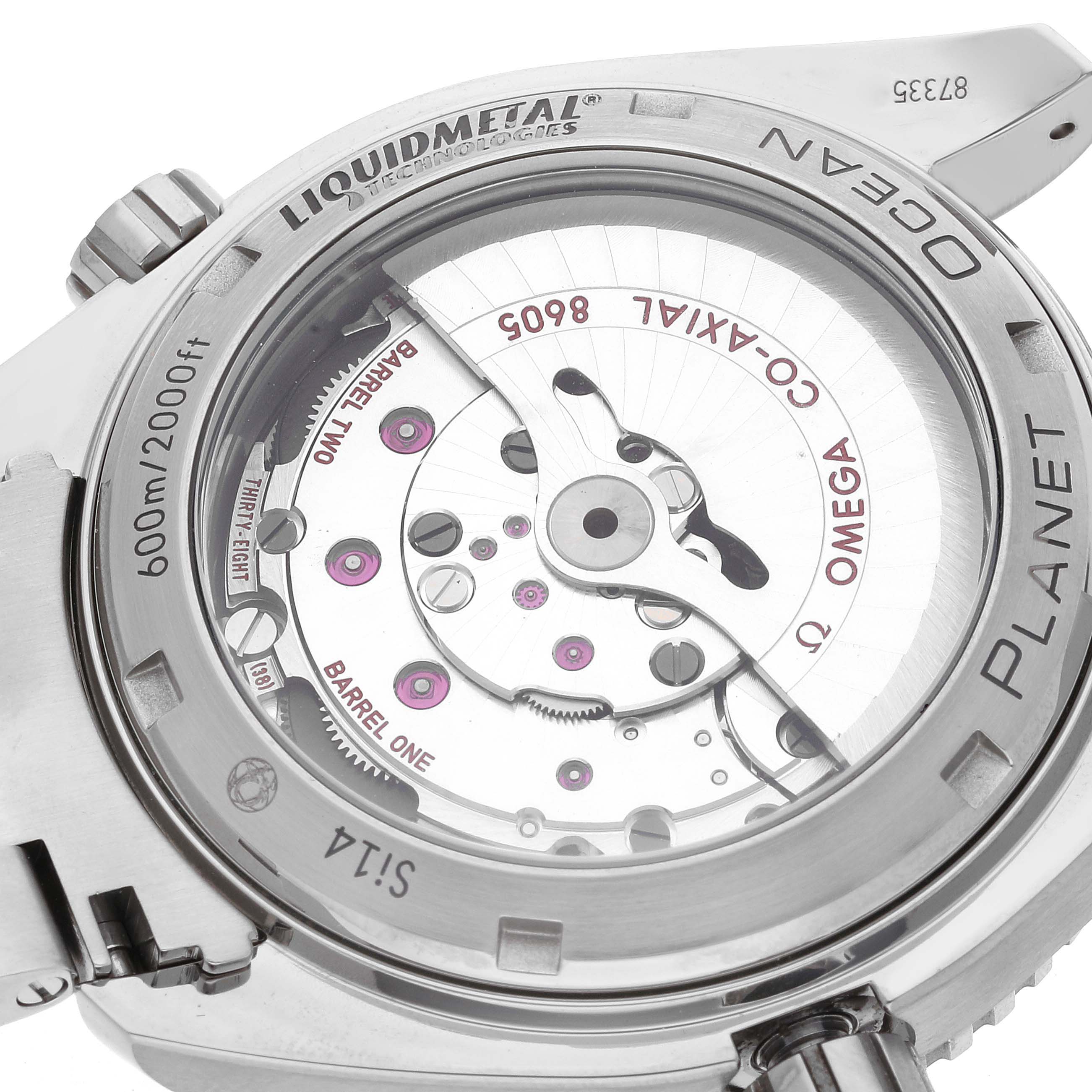 The image shows the back view of the Omega Planet Ocean 232.92.44.22.03.001 Men's Stainless Steel Blue Dial 232.92.44.22.03.001 Men's Stainless Steel Blue Dial watch, highlighting its open case back and movement mechanism.