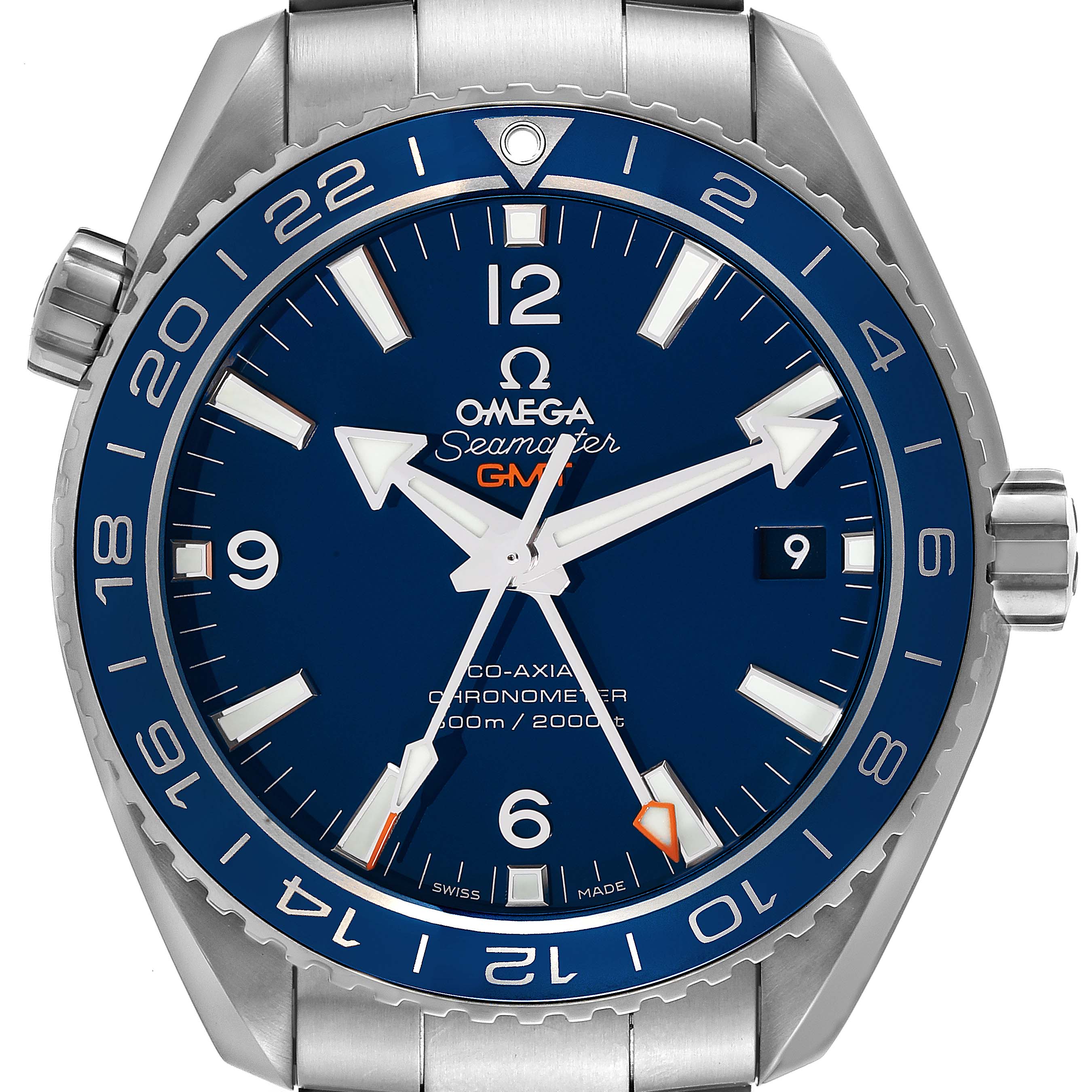 The image shows a front view of the Omega Planet Ocean 232.92.44.22.03.001 Men's Stainless Steel Blue Dial 232.92.44.22.03.001 Men's Stainless Steel Blue Dial watch, displaying its blue dial, bezel, hands, markers, and the crown.