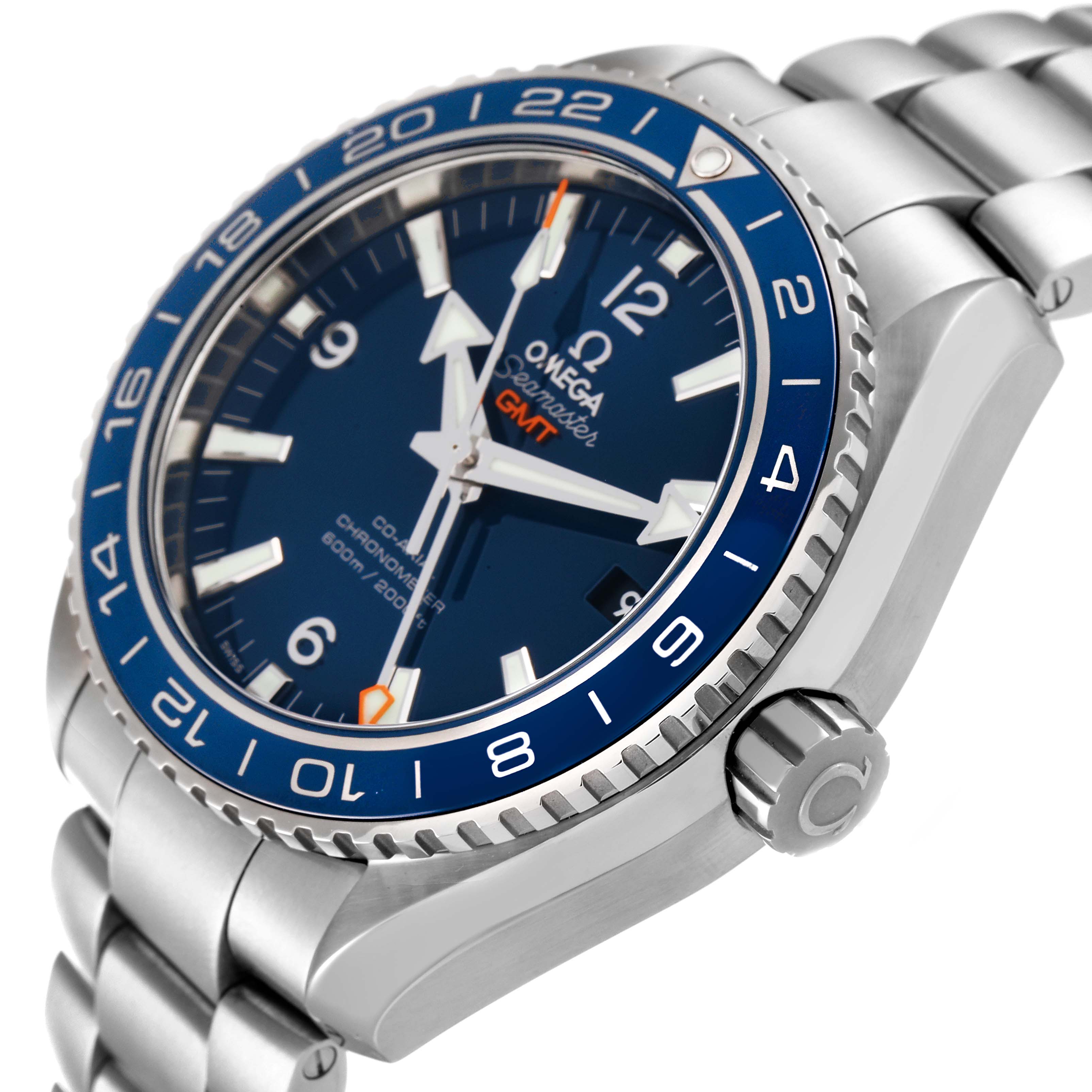 This image shows a side and top view of the Omega Planet Ocean 232.92.44.22.03.001 Men's Stainless Steel Blue Dial 232.92.44.22.03.001 Men's Stainless Steel Blue Dial GMT model watch, highlighting the dial, bezel, and stainless steel bracelet.