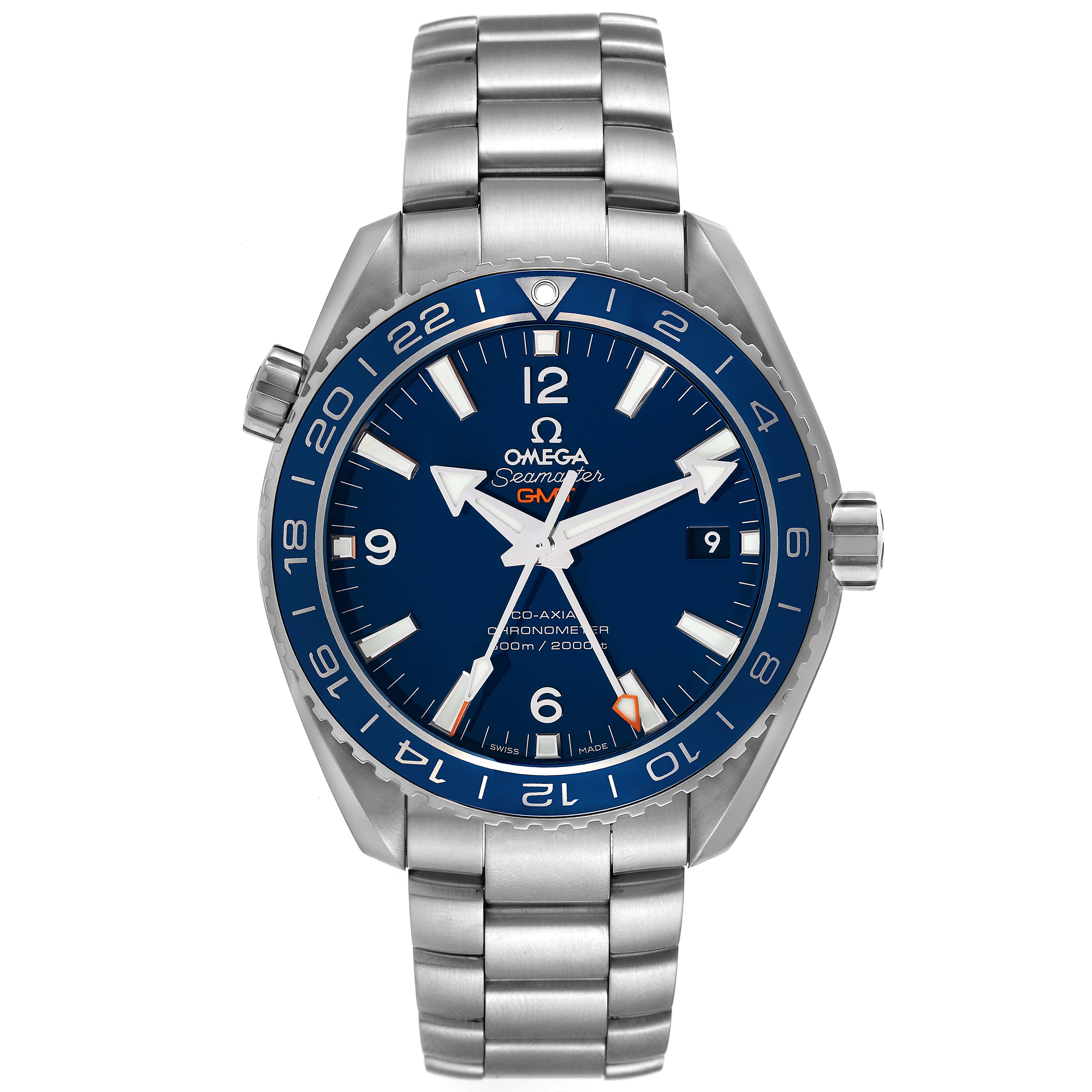This image shows a front view of the Omega Planet Ocean 232.92.44.22.03.001 Men's Stainless Steel Blue Dial 232.92.44.22.03.001 Men's Stainless Steel Blue Dial GMT watch, including its bezel, face, crown, and stainless steel bracelet.
