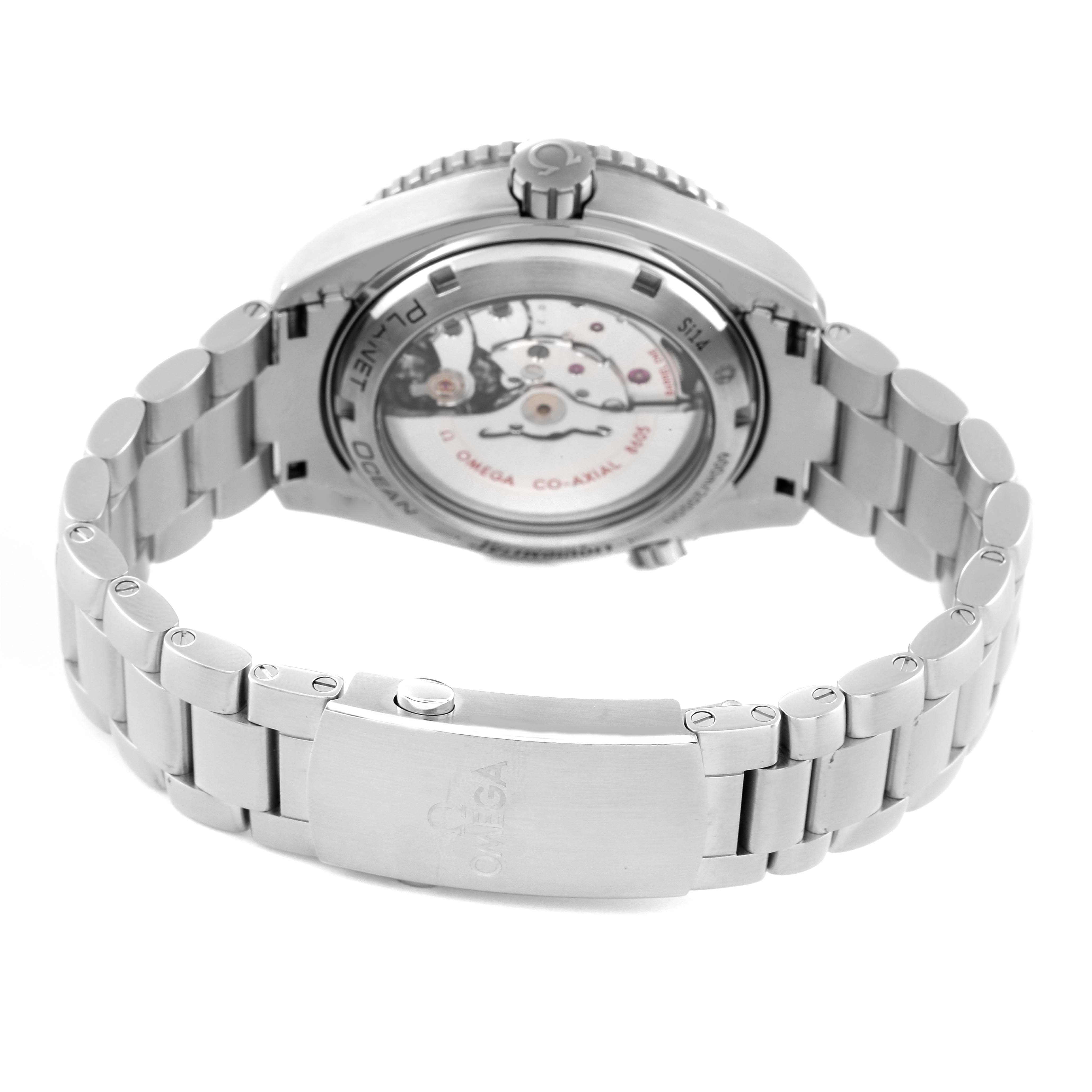 This image shows the back view of the Omega Planet Ocean 232.92.44.22.03.001 Men's Stainless Steel Blue Dial 232.92.44.22.03.001 Men's Stainless Steel Blue Dial watch, highlighting its metal bracelet and transparent case back.