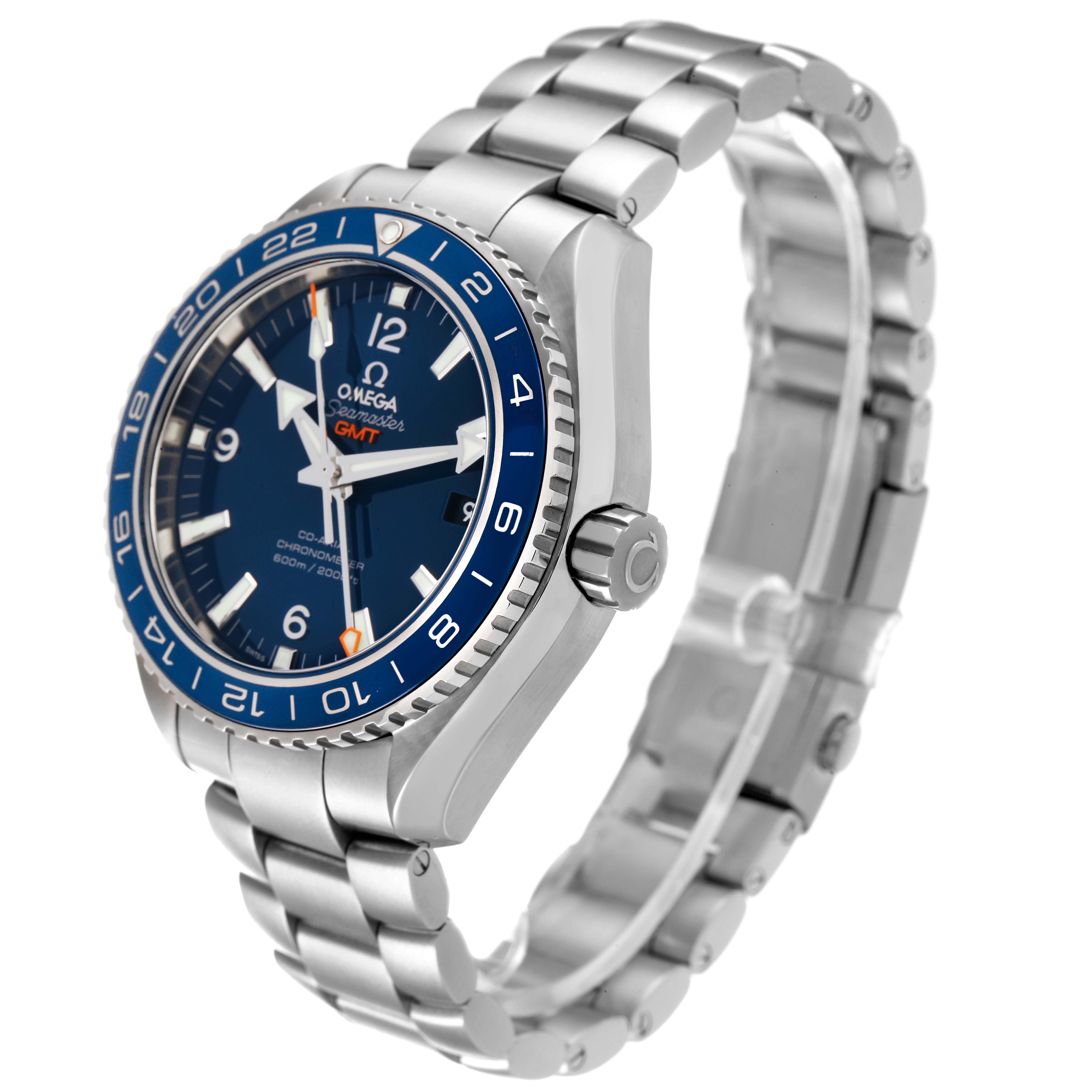 The image shows an Omega Planet Ocean 232.92.44.22.03.001 Men's Stainless Steel Blue Dial 232.92.44.22.03.001 Men's Stainless Steel Blue Dial watch angled from the right, highlighting the face, bezel, crown, and bracelet.