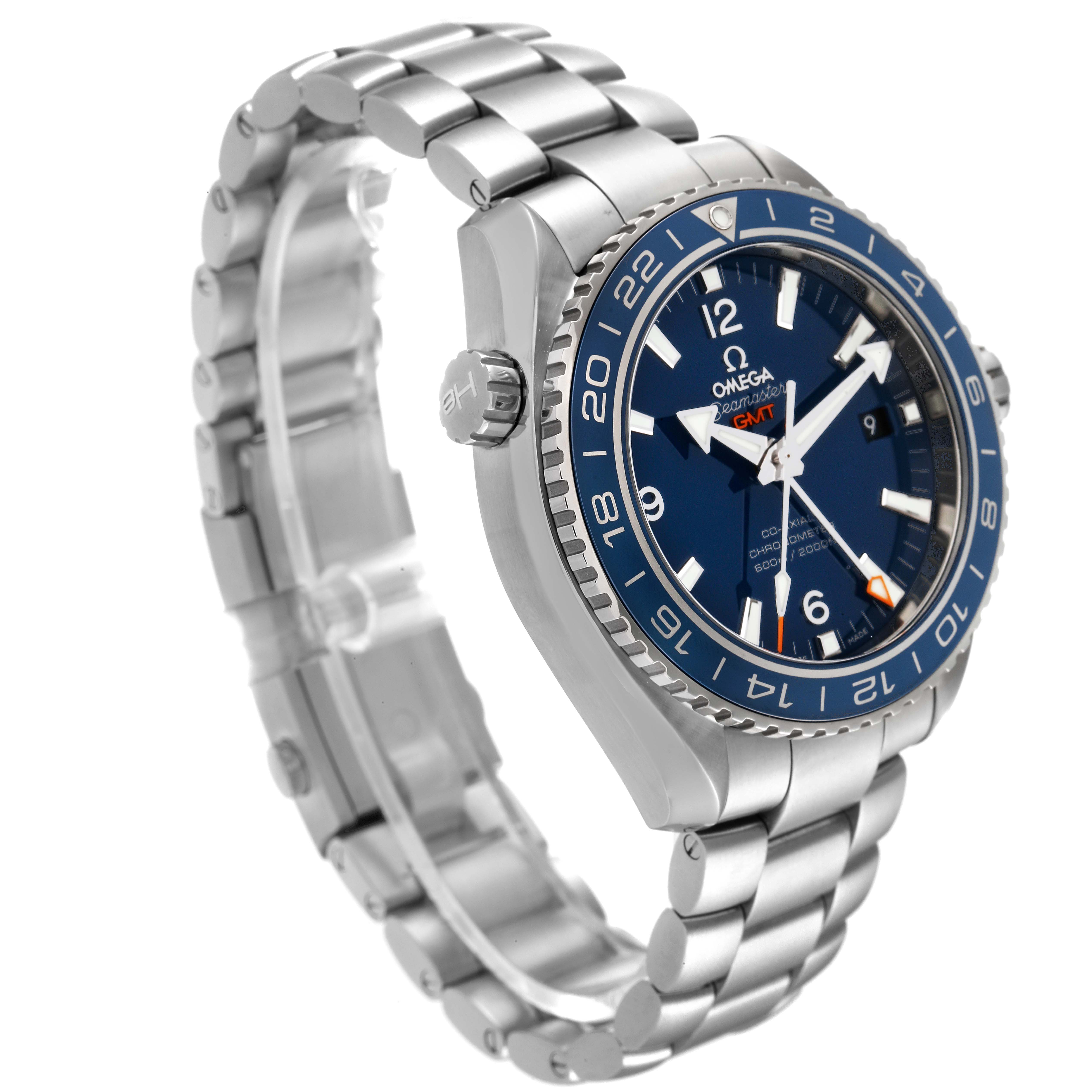 The image shows the Omega Planet Ocean 232.92.44.22.03.001 Men's Stainless Steel Blue Dial 232.92.44.22.03.001 Men's Stainless Steel Blue Dial watch from a three-quarter angle, highlighting its face, dial, bezel, and bracelet.