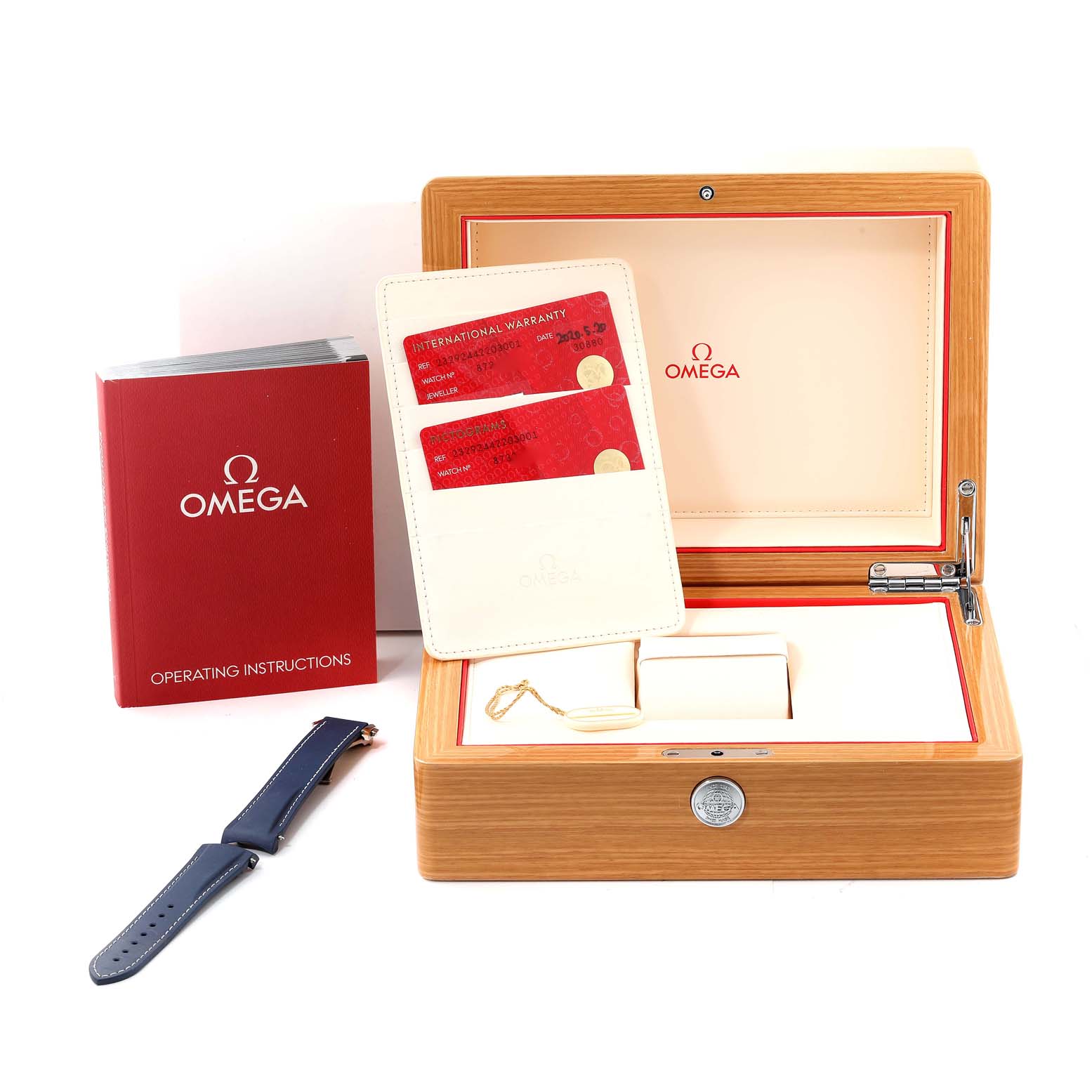 The image shows the box, warranty cards, operating instructions, and an extra strap for the Omega Planet Ocean 232.92.44.22.03.001 Men's Stainless Steel Blue Dial 232.92.44.22.03.001 Men's Stainless Steel Blue Dial watch.