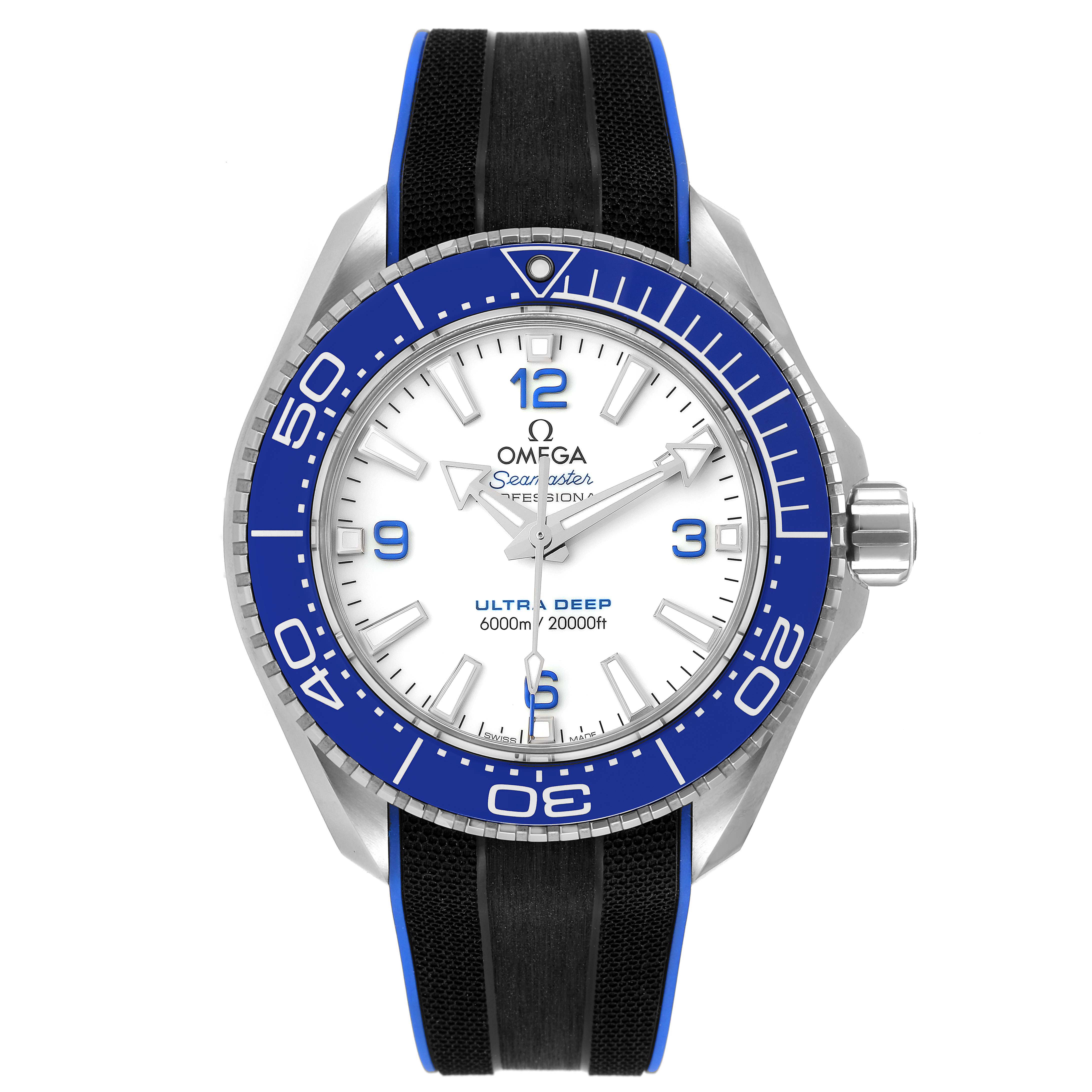 This is a front view of the Omega Planet Ocean 215.32.46.21.04.001 Men's Stainless Steel White Dial 215.32.46.21.04.001 Men's Stainless Steel White Dial Ultra Deep watch, showing the face, bezel, strap, and crown.