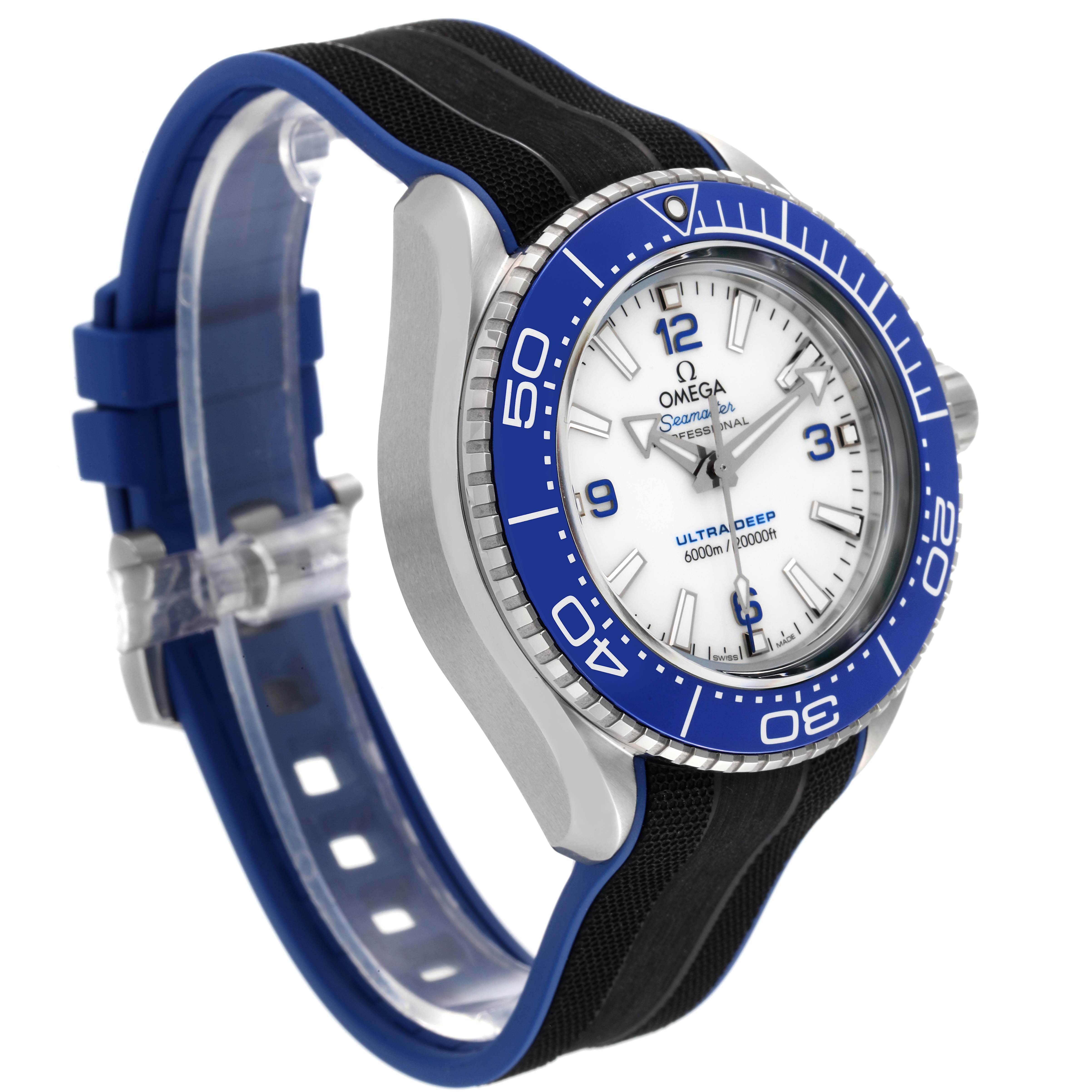 The Omega Planet Ocean 215.32.46.21.04.001 Men's Stainless Steel White Dial 215.32.46.21.04.001 Men's Stainless Steel White Dial watch is shown at a three-quarter angle, highlighting the dial, bezel, and part of the strap.