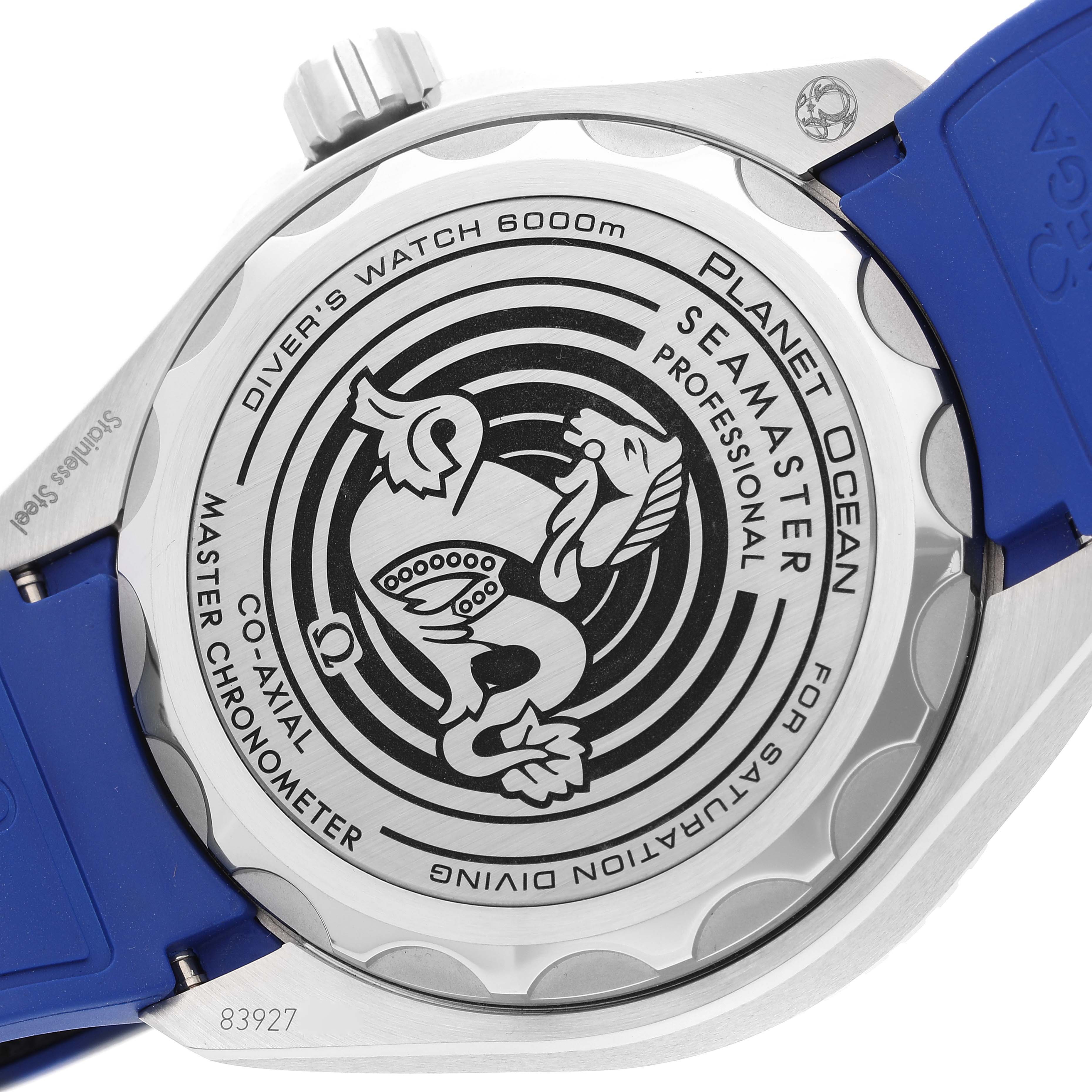 This image shows the case back of an Omega Planet Ocean 215.32.46.21.04.001 Men's Stainless Steel White Dial 215.32.46.21.04.001 Men's Stainless Steel White Dial Seamaster Diver's Watch with a blue strap.