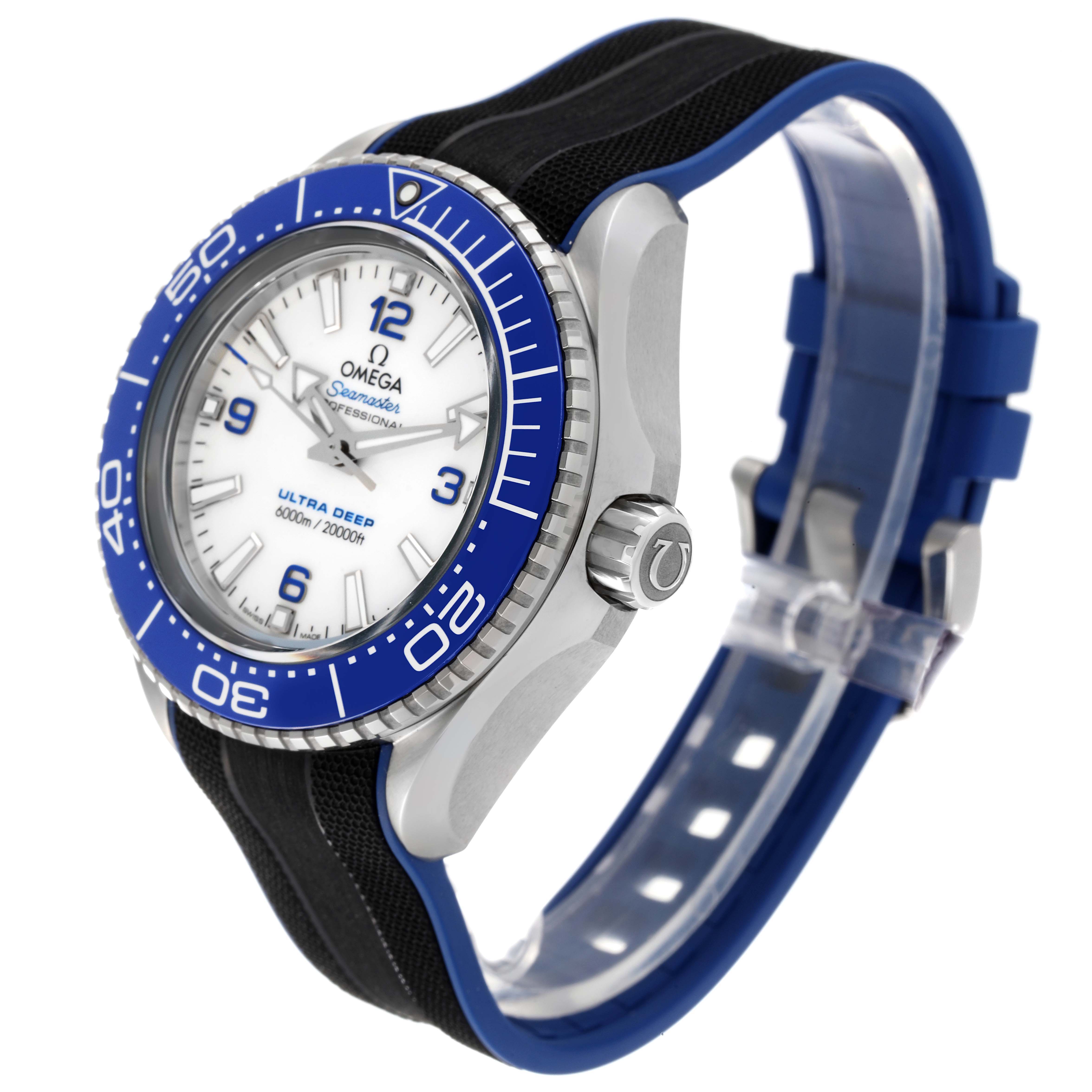 The Omega Planet Ocean 215.32.46.21.04.001 Men's Stainless Steel White Dial 215.32.46.21.04.001 Men's Stainless Steel White Dial model is shown at an oblique angle, highlighting the watch face, crown, bezel, and strap.