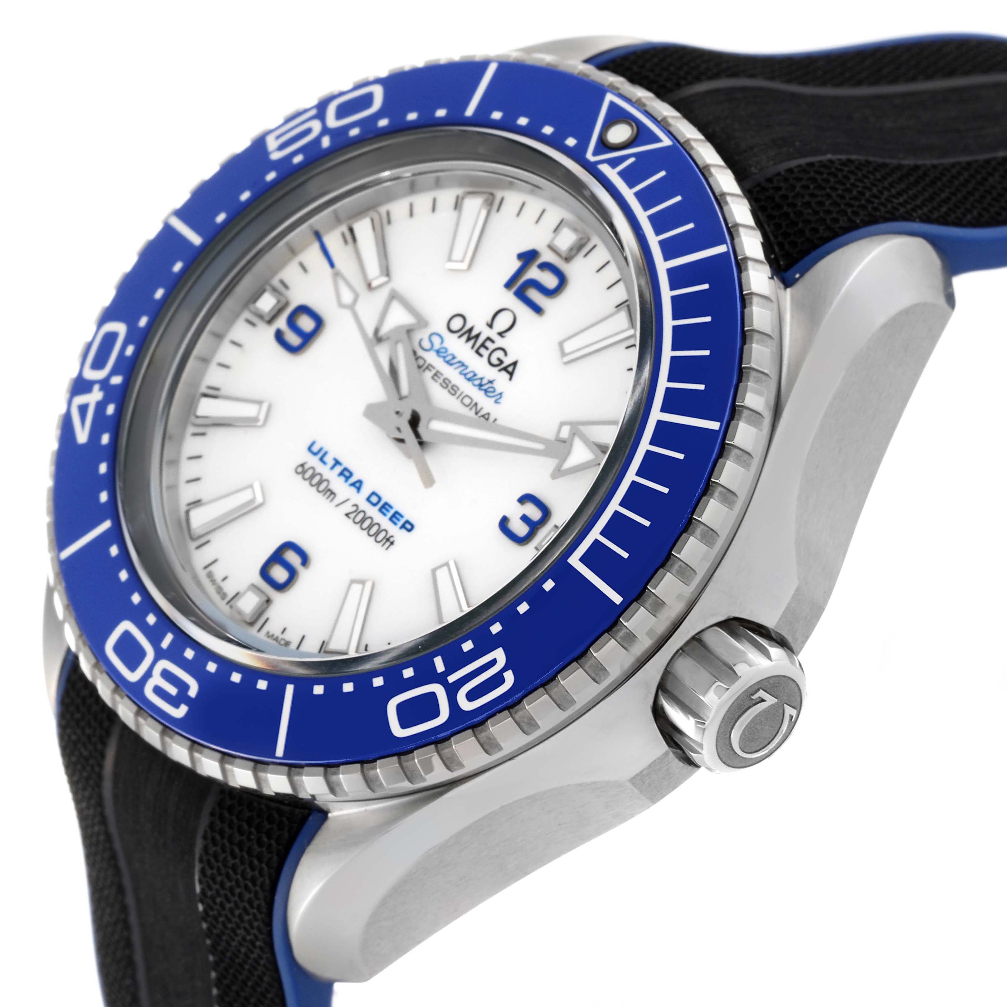 The image shows an angled close-up of the Omega Planet Ocean 215.32.46.21.04.001 Men's Stainless Steel White Dial 215.32.46.21.04.001 Men's Stainless Steel White Dial watch, highlighting the dial, bezel, and crown.