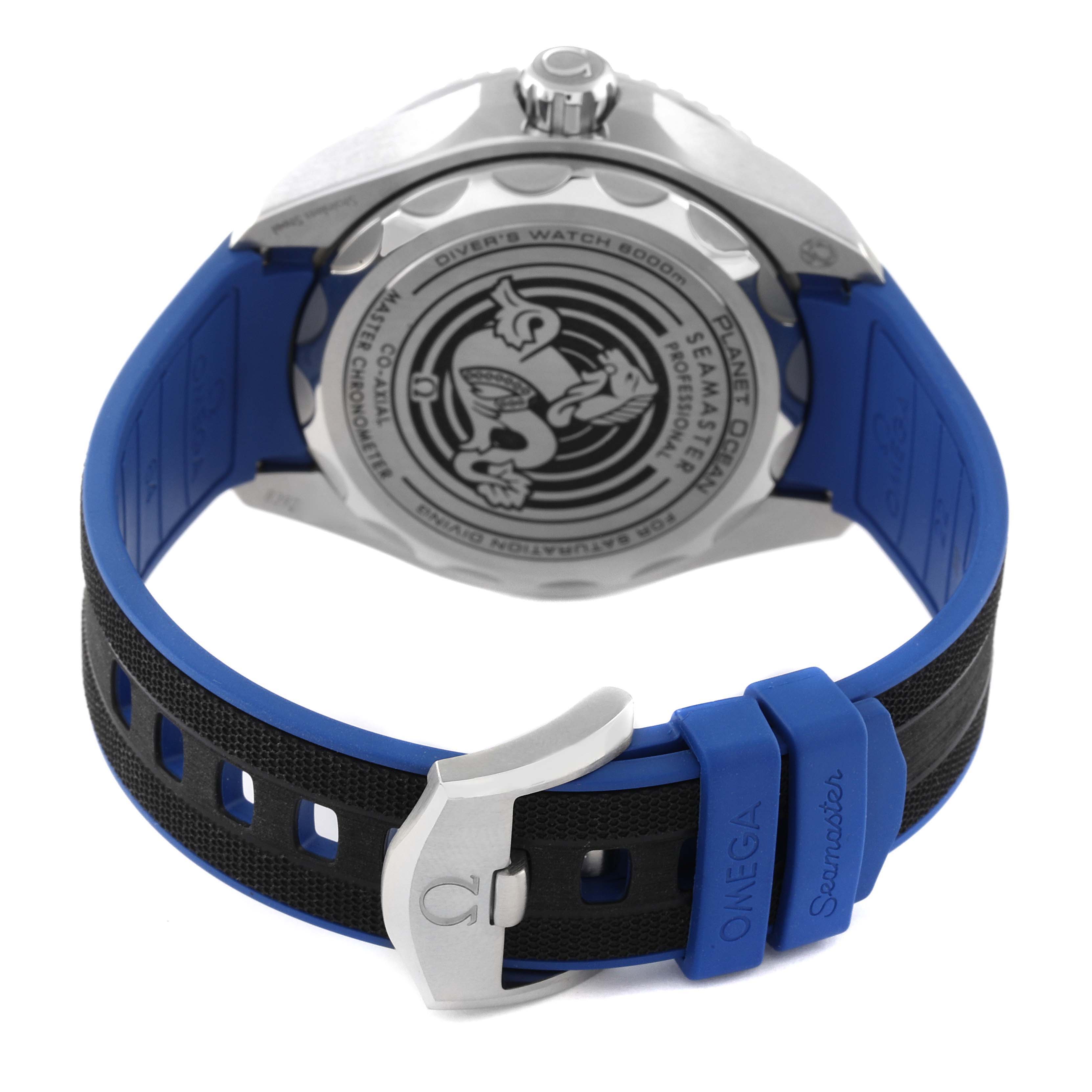 This image shows the back case, crown, and strap of an Omega Planet Ocean 215.32.46.21.04.001 Men's Stainless Steel White Dial 215.32.46.21.04.001 Men's Stainless Steel White Dial watch.