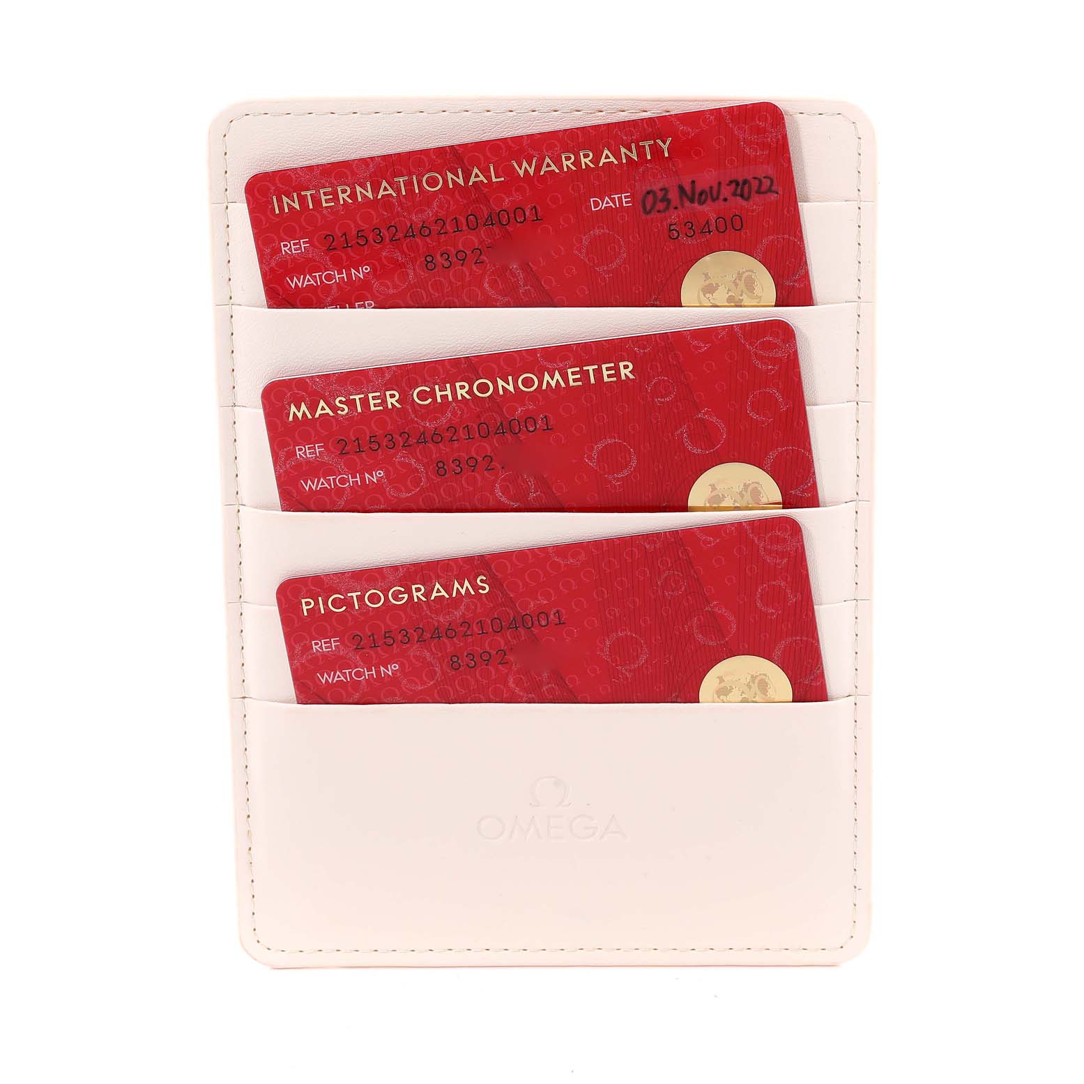 The image shows three Omega Planet Ocean 215.32.46.21.04.001 Men's Stainless Steel White Dial 215.32.46.21.04.001 Men's Stainless Steel White Dial model warranty and certification cards in a white cardholder, viewed from the front.