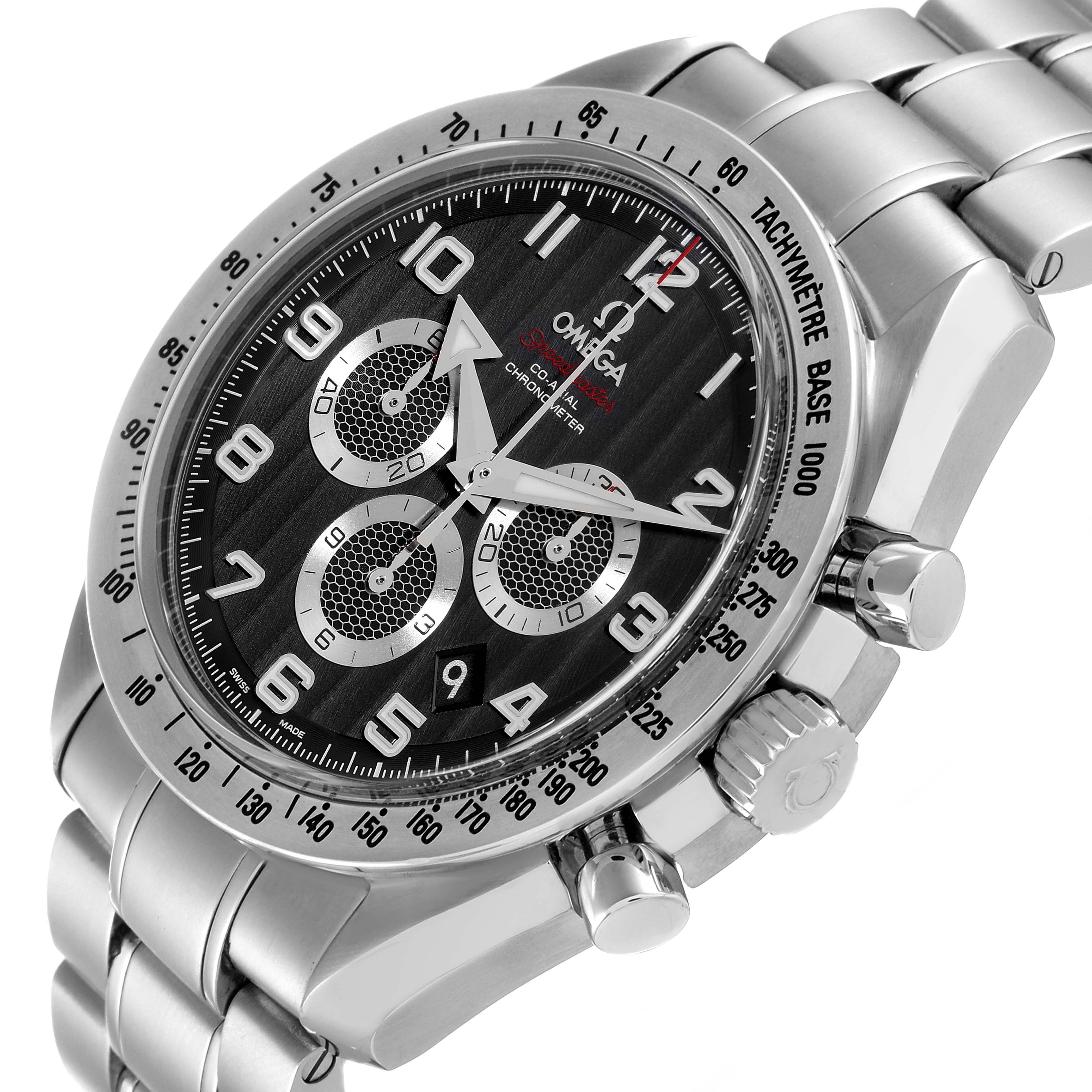 The image shows an angled close-up of an Omega Speedmaster 321.10.44.50.01.001 Men's Stainless Steel Black Dial 321.10.44.50.01.001 Men's Stainless Steel Black Dial watch, highlighting its dial, sub-dials, tachymeter bezel, and stainless steel bracelet.