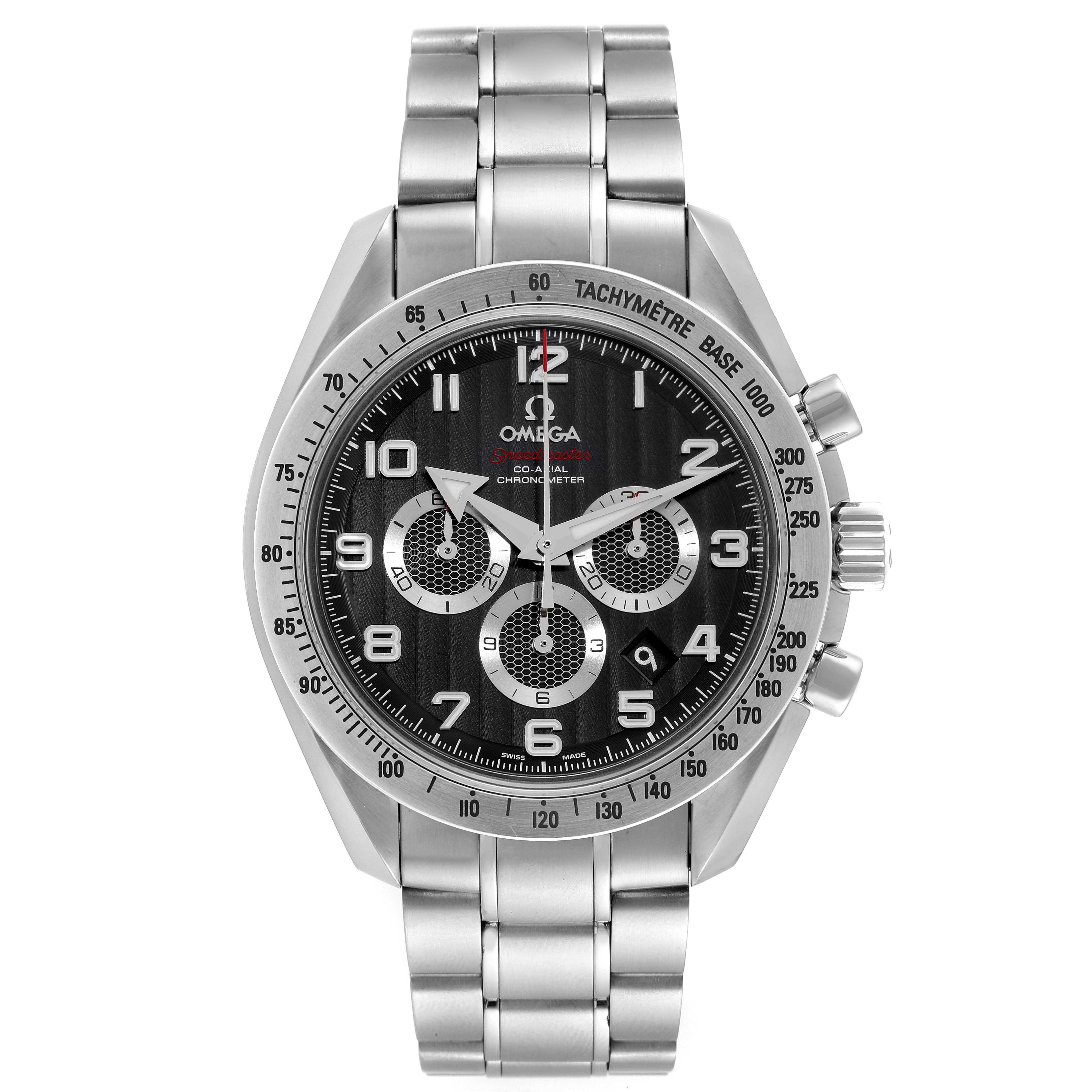 The Omega Speedmaster 321.10.44.50.01.001 Men's Stainless Steel Black Dial 321.10.44.50.01.001 Men's Stainless Steel Black Dial watch is shown from a front angle, displaying the face, bezel, and full bracelet.