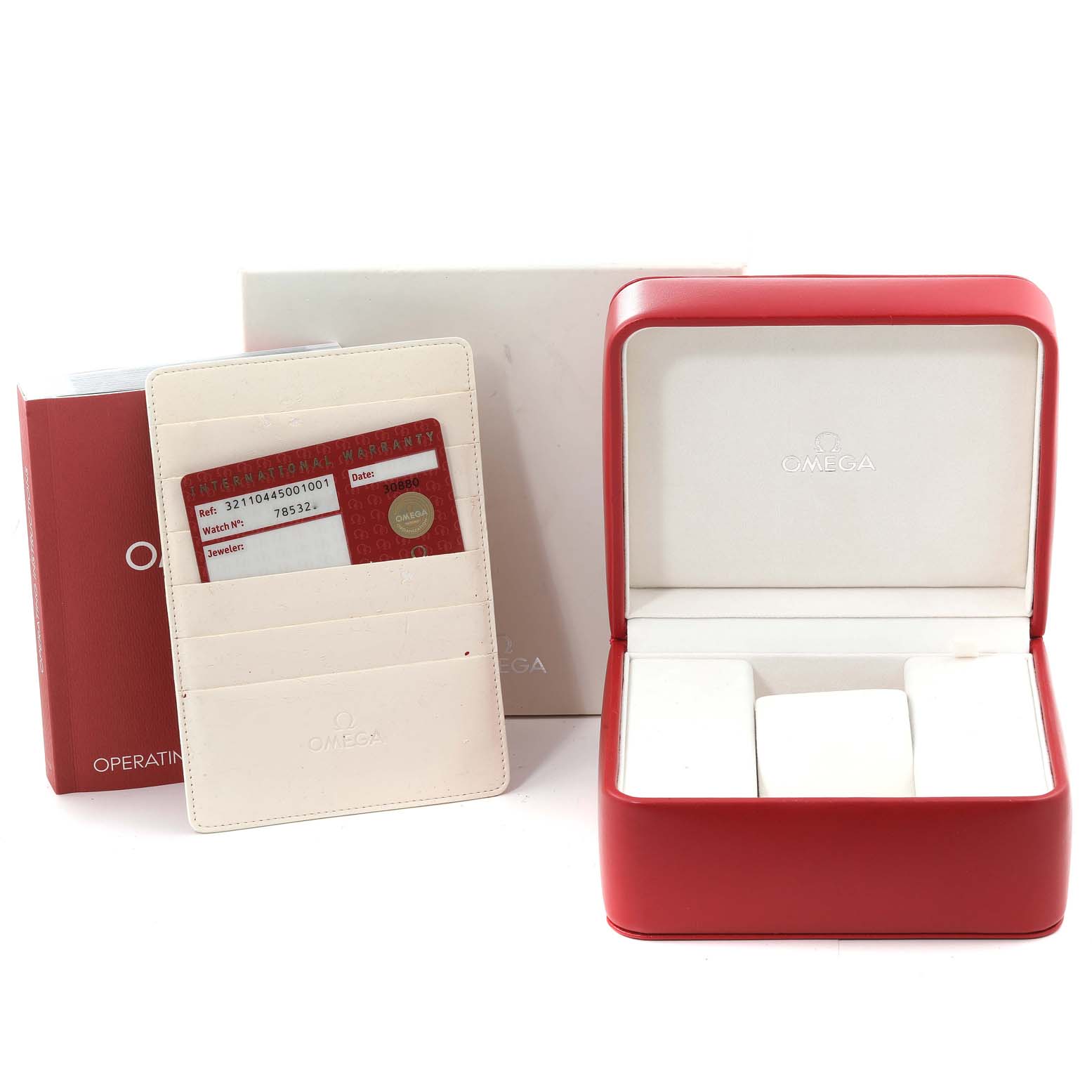 The image shows the Omega Speedmaster 321.10.44.50.01.001 Men's Stainless Steel Black Dial 321.10.44.50.01.001 Men's Stainless Steel Black Dial packaging, including the watch box, warranty card, operating instruction book, and outer box.