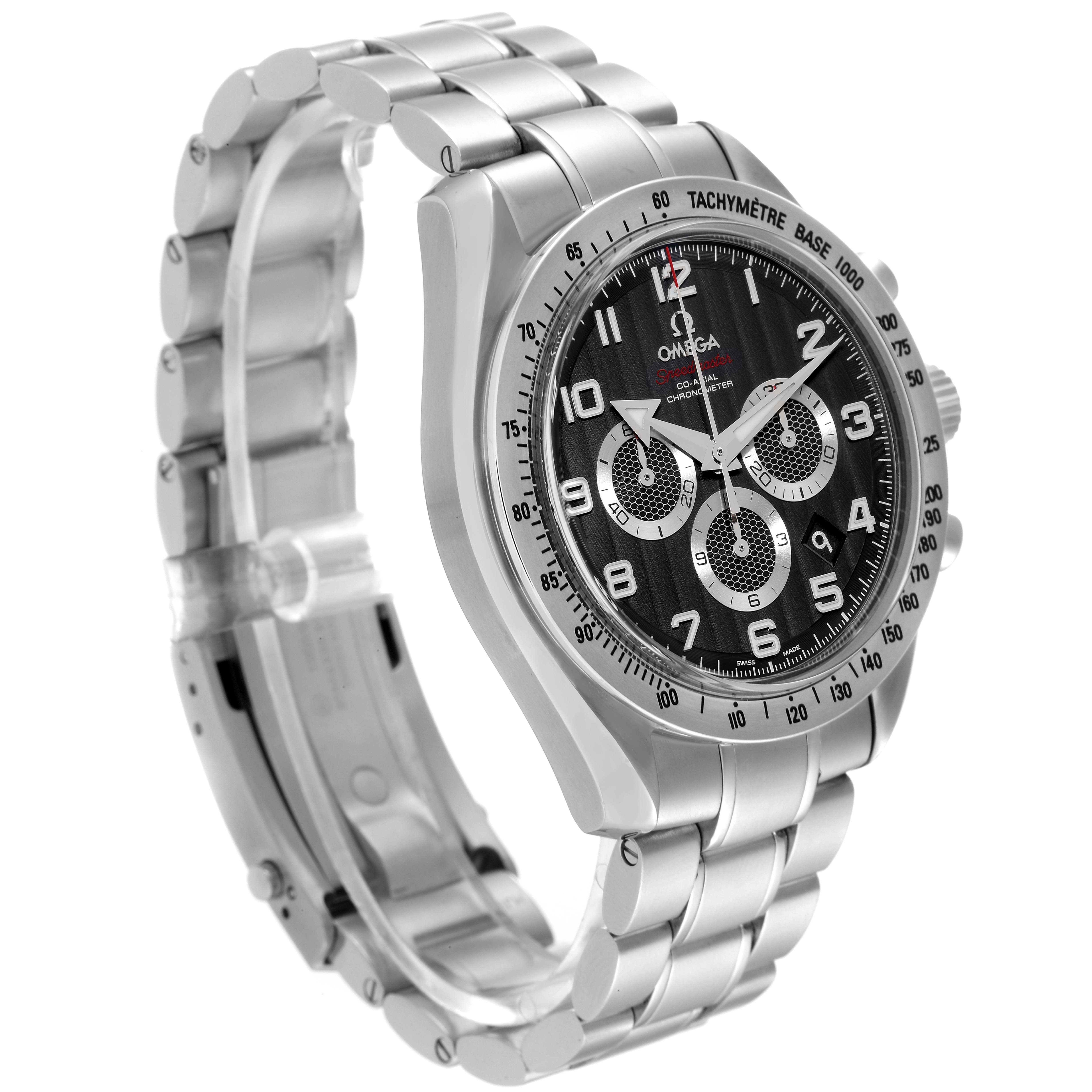 The Omega Speedmaster 321.10.44.50.01.001 Men's Stainless Steel Black Dial 321.10.44.50.01.001 Men's Stainless Steel Black Dial watch is shown at a three-quarter angle, displaying its stainless steel bracelet and black dial with three sub-dials.