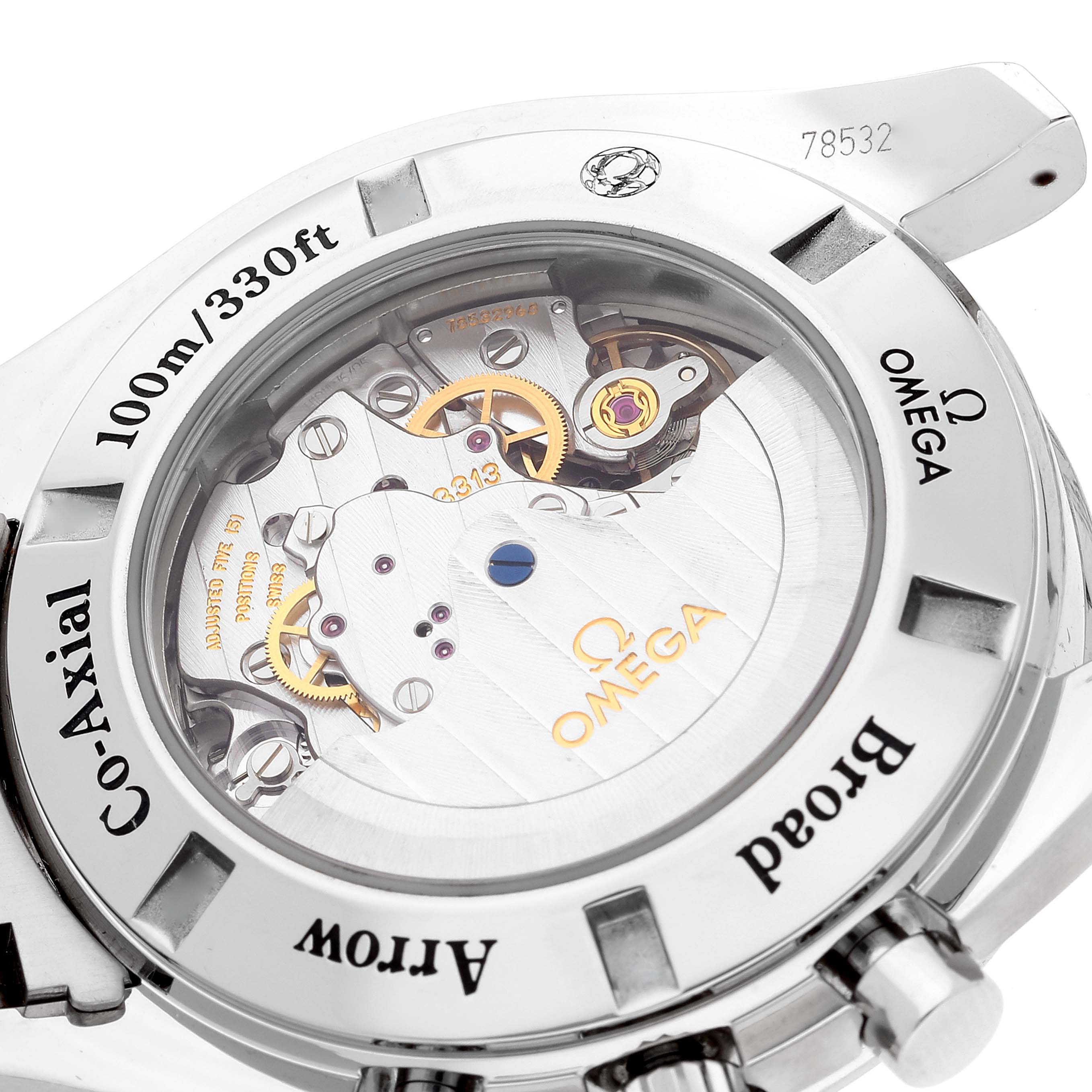 The image shows the back view of an Omega Speedmaster 321.10.44.50.01.001 Men's Stainless Steel Black Dial 321.10.44.50.01.001 Men's Stainless Steel Black Dial watch, revealing its internal Co-Axial mechanism.