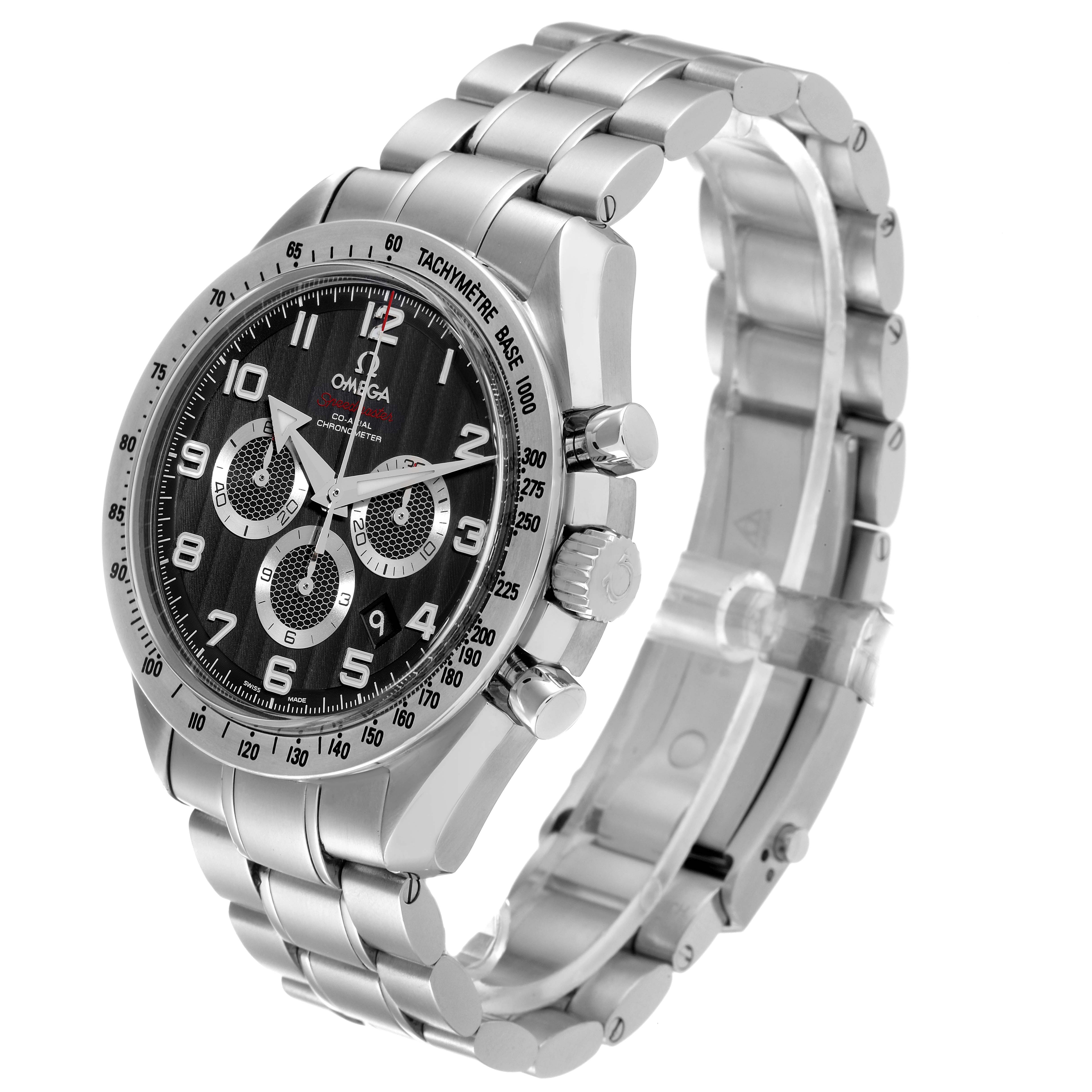 The image shows a side-angle view of the Omega Speedmaster 321.10.44.50.01.001 Men's Stainless Steel Black Dial 321.10.44.50.01.001 Men's Stainless Steel Black Dial watch, featuring its face, bezel, crown, and metal bracelet.