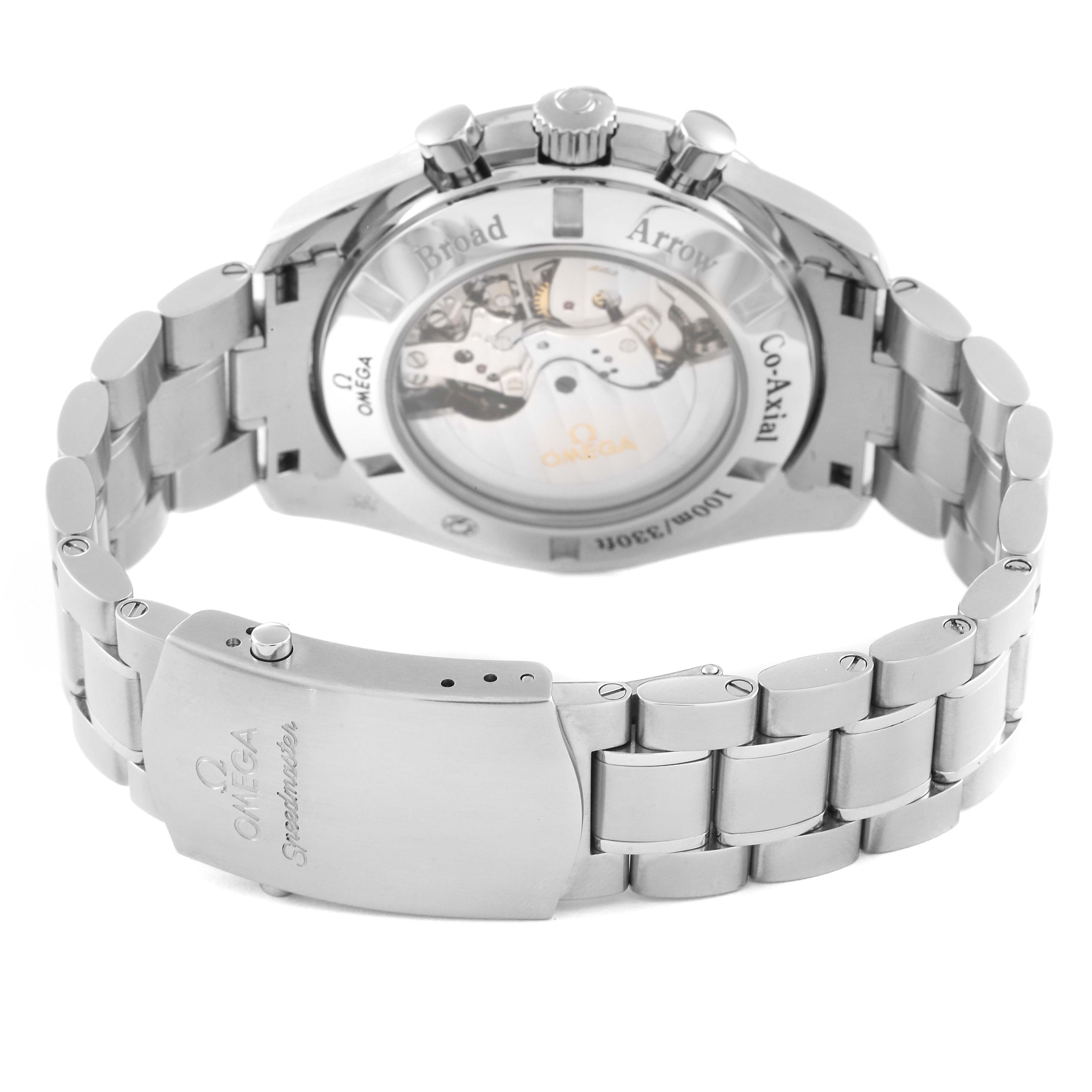 The image shows the back view of an Omega Speedmaster 321.10.44.50.01.001 Men's Stainless Steel Black Dial 321.10.44.50.01.001 Men's Stainless Steel Black Dial watch, highlighting its clasp, bracelet, and transparent case back.