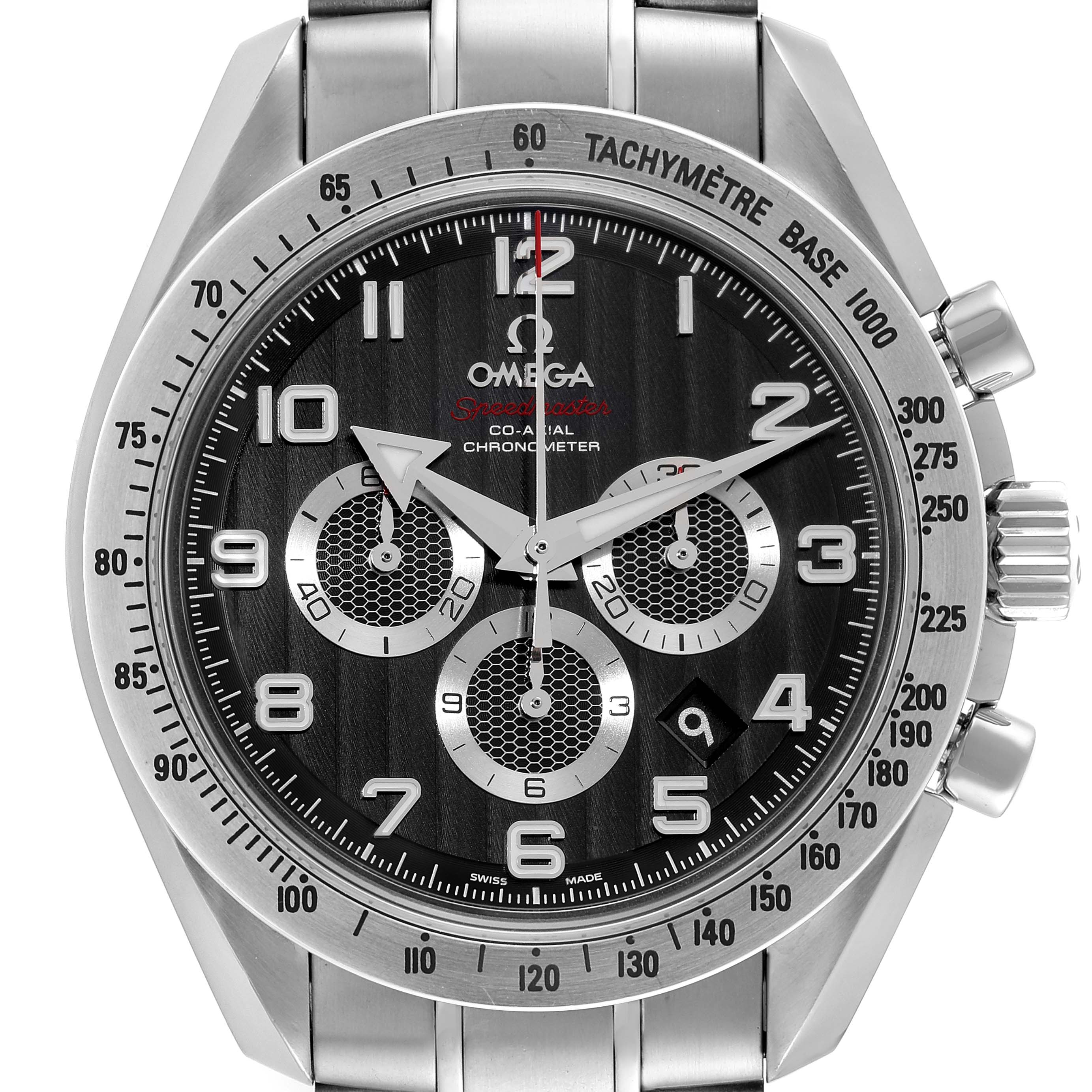 The image shows the front view of an Omega Speedmaster 321.10.44.50.01.001 Men's Stainless Steel Black Dial 321.10.44.50.01.001 Men's Stainless Steel Black Dial watch, displaying the dial, tachymeter, and chronograph subdials.