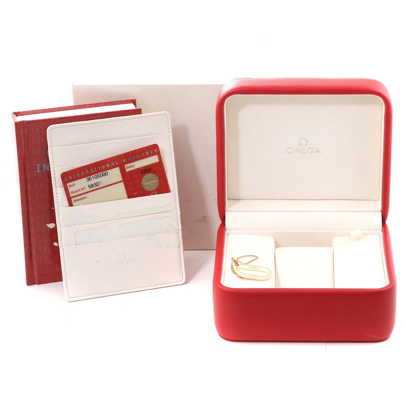 The image shows Omega Speedmaster 3510.50.00 Men's Stainless Steel Black Dial 3510.50.00 Men's Stainless Steel Black Dial accessories, including a red watch box, warranty card holder, and instruction manual.