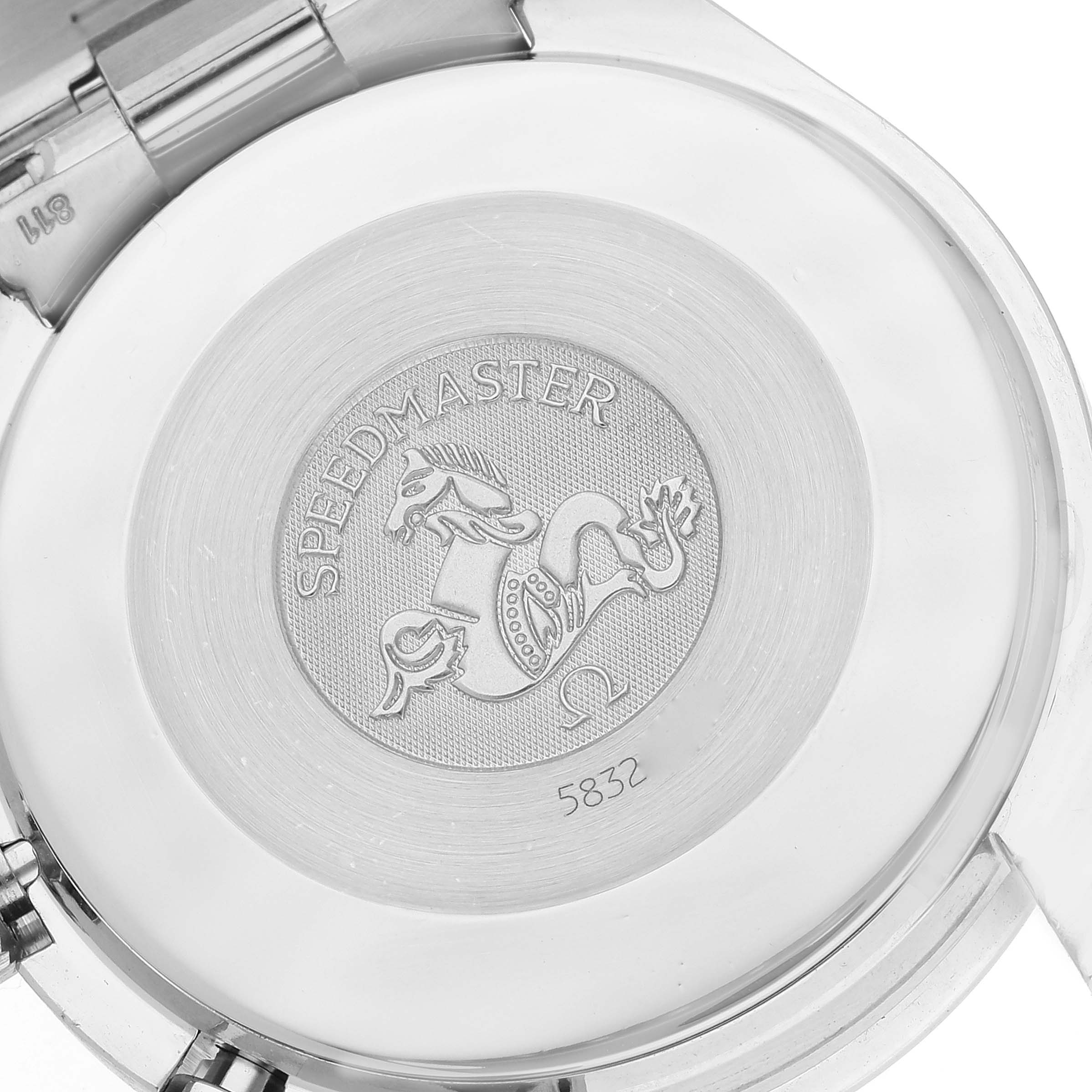 The image shows the backside of the Omega Speedmaster 3510.50.00 Men's Stainless Steel Black Dial 3510.50.00 Men's Stainless Steel Black Dial watch, highlighting the engraved emblem and "Speedmaster" text.