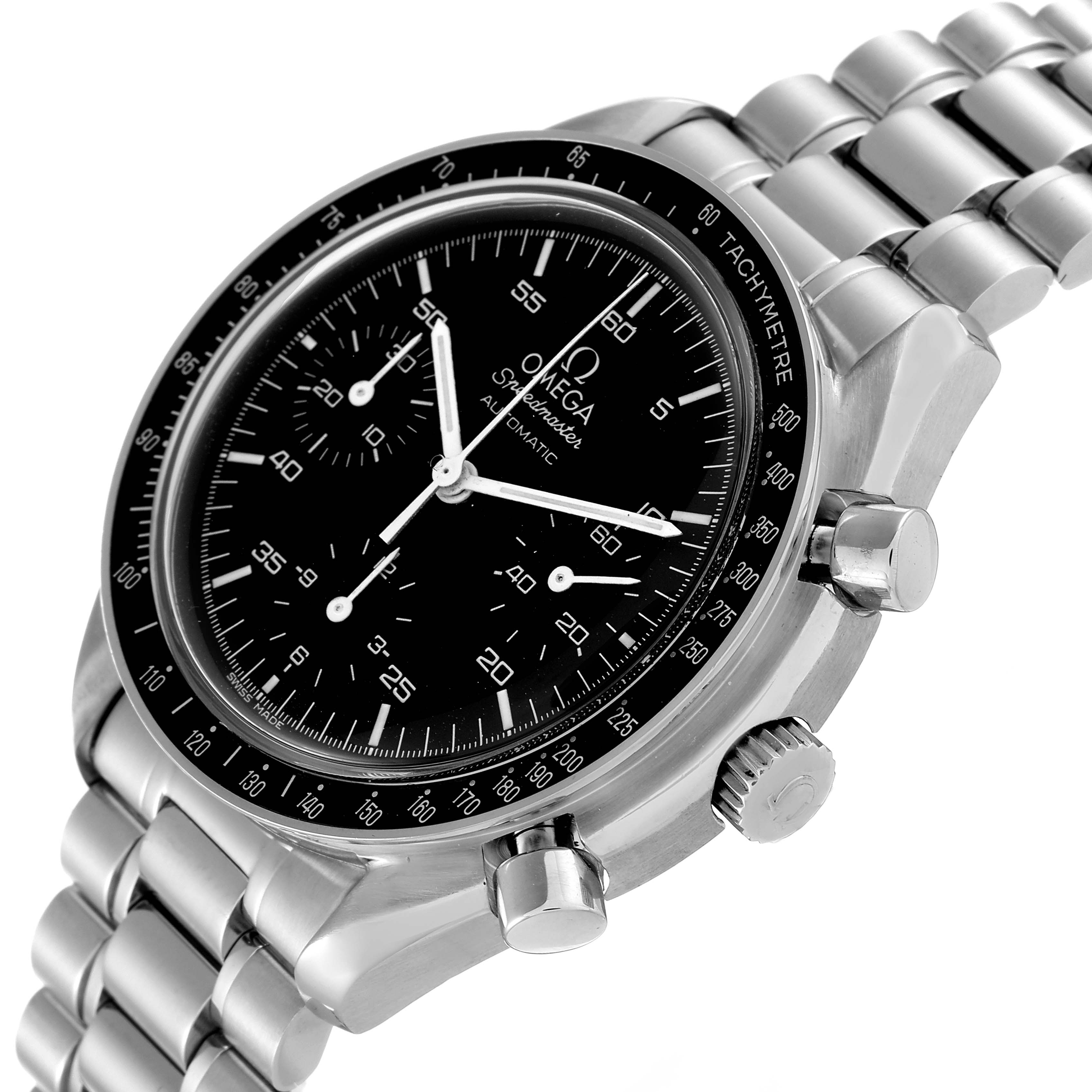 The image shows an angled close-up of the Omega Speedmaster 3510.50.00 Men's Stainless Steel Black Dial 3510.50.00 Men's Stainless Steel Black Dial watch, focusing on its dial, bezel, and crown.