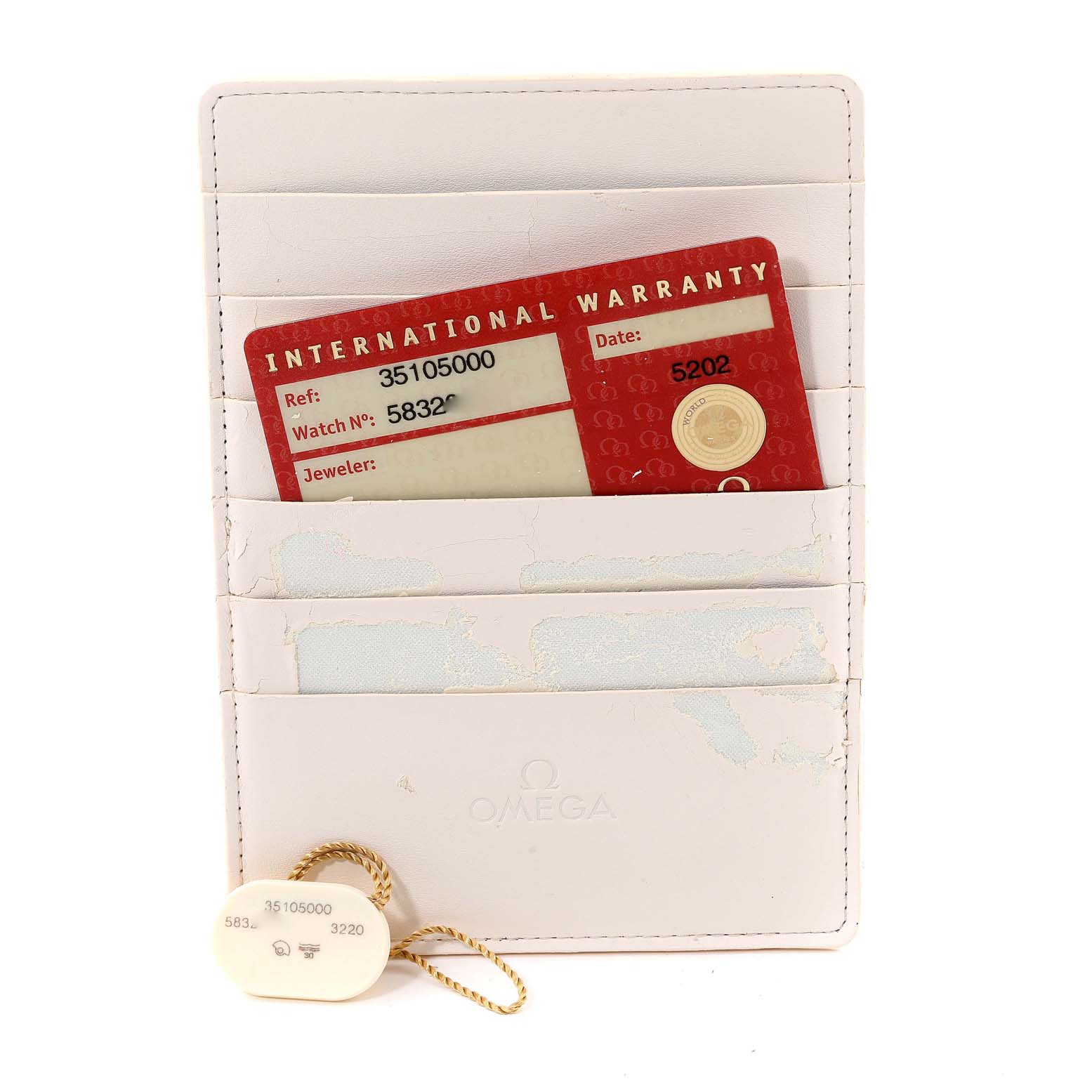 The image shows the warranty card and tag for an Omega Speedmaster 3510.50.00 Men's Stainless Steel Black Dial 3510.50.00 Men's Stainless Steel Black Dial model, within a cardholder.