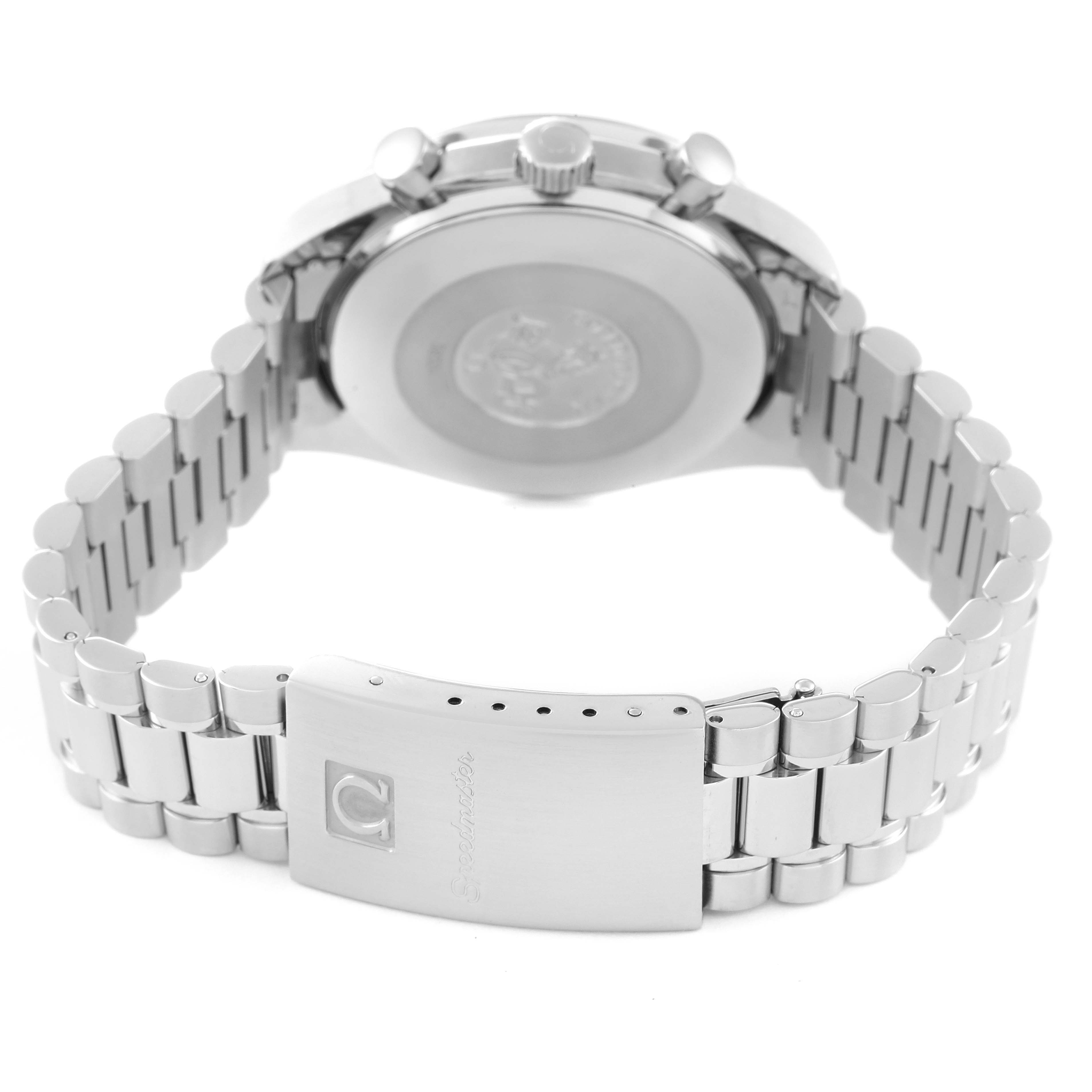 The image shows the back and clasp of the Omega Speedmaster 3510.50.00 Men's Stainless Steel Black Dial 3510.50.00 Men's Stainless Steel Black Dial, displaying the case back and stainless steel bracelet.