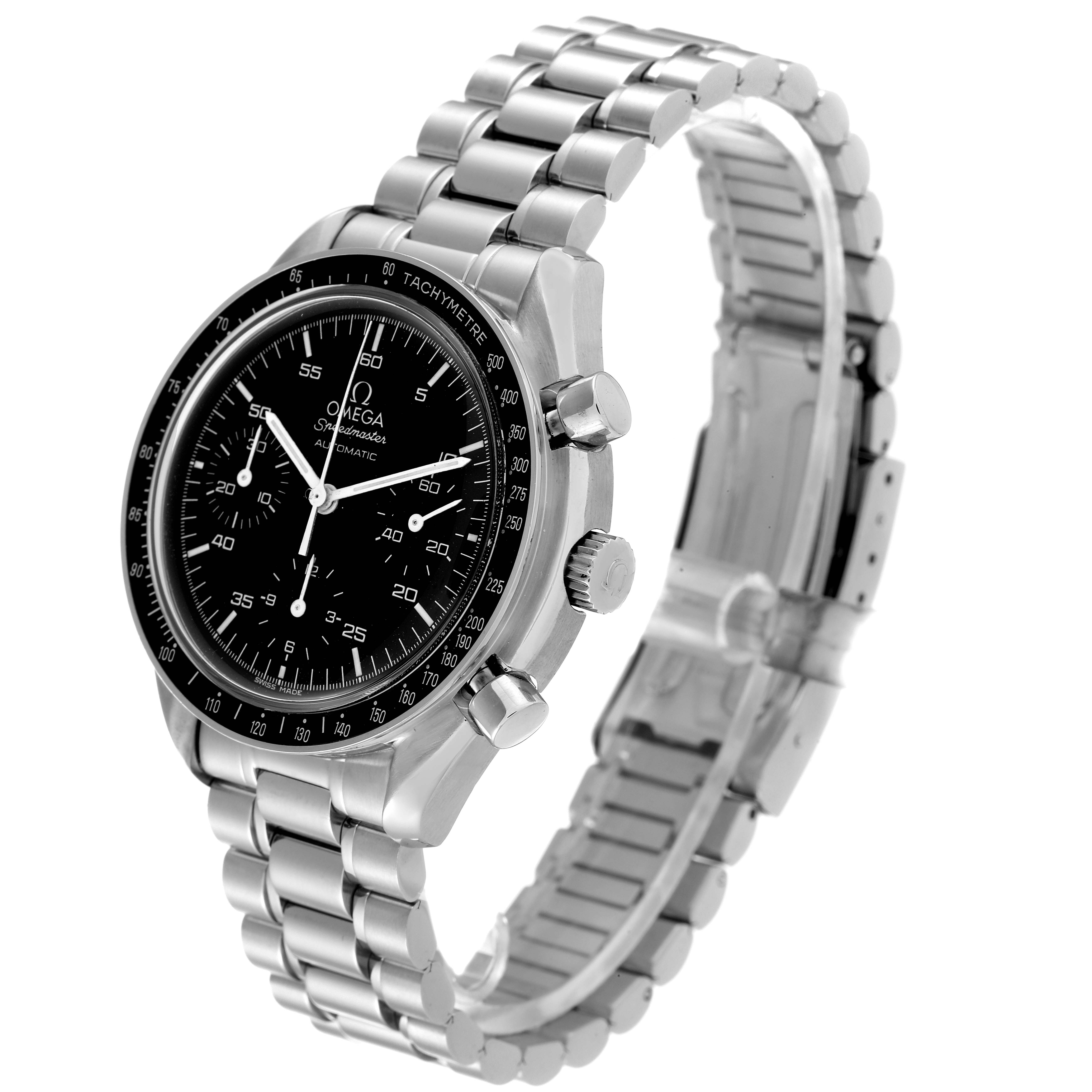 This Omega Speedmaster 3510.50.00 Men's Stainless Steel Black Dial 3510.50.00 Men's Stainless Steel Black Dial watch is shown at a slight angle, highlighting its stainless steel case, bezel, bracelet, and black dial.