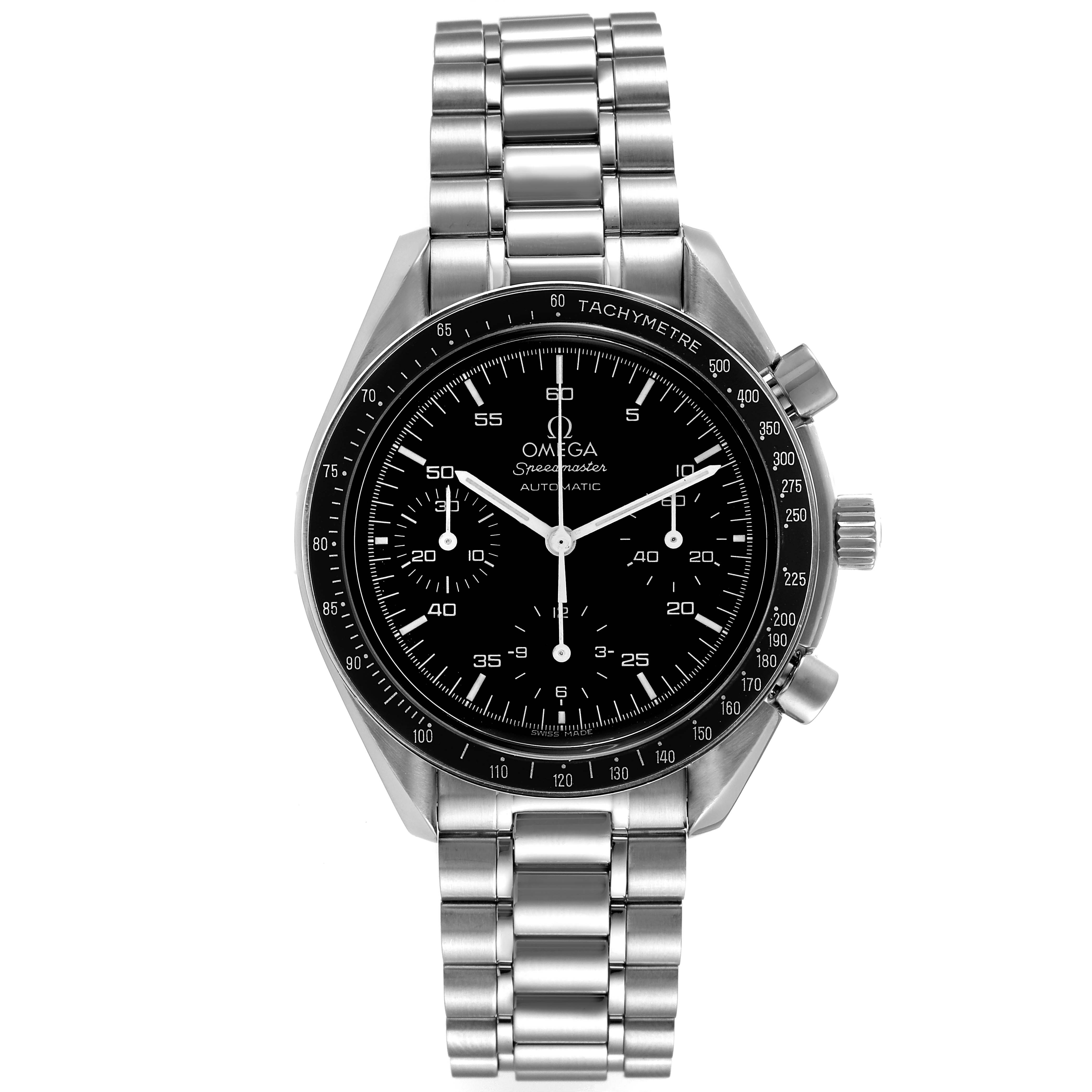 This image shows a front view of the Omega Speedmaster 3510.50.00 Men's Stainless Steel Black Dial 3510.50.00 Men's Stainless Steel Black Dial watch, highlighting its stainless steel bracelet, black dial, and tachymeter bezel.