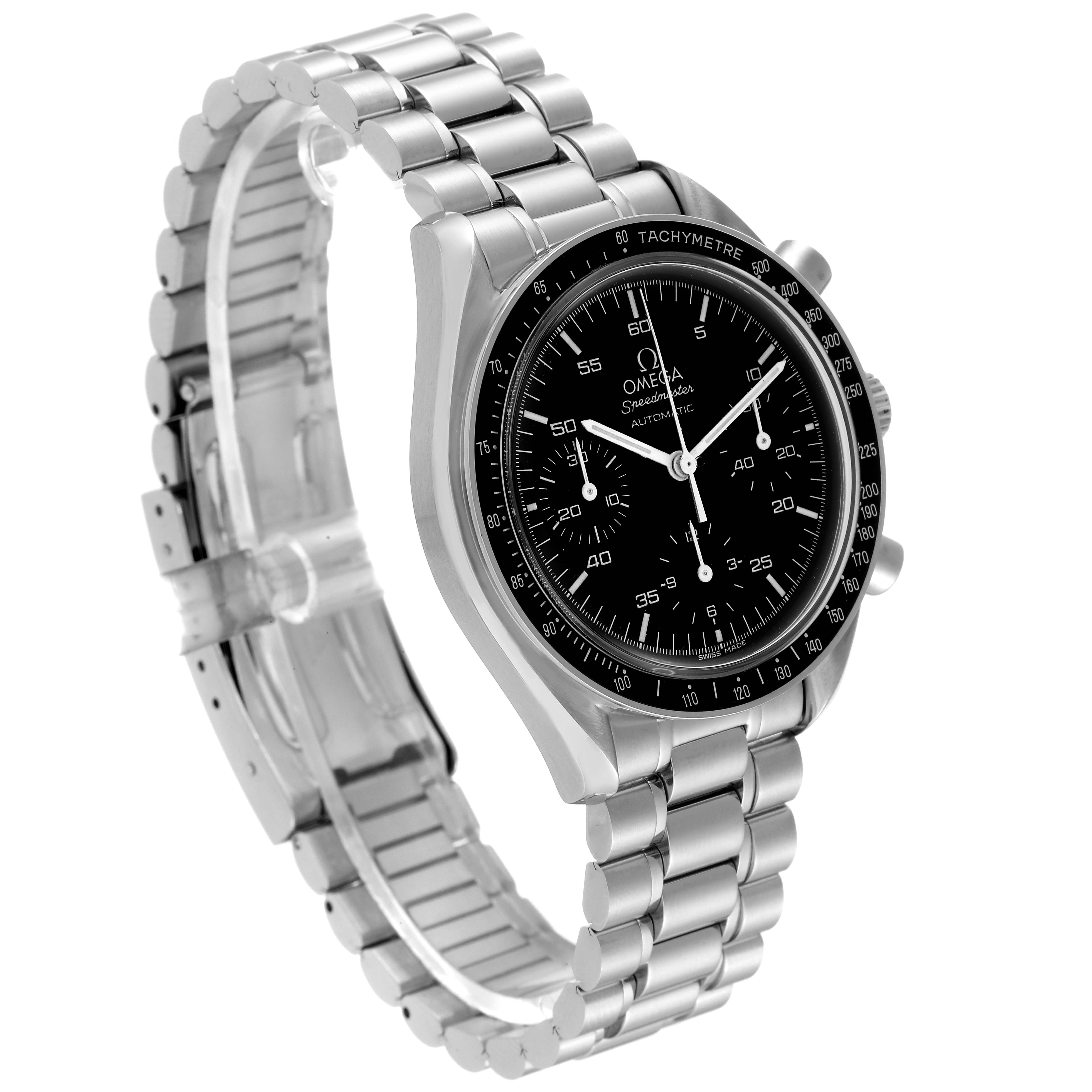 The Omega Speedmaster 3510.50.00 Men's Stainless Steel Black Dial 3510.50.00 Men's Stainless Steel Black Dial watch is shown at a slight angle, displaying its black dial, tachymeter bezel, and stainless steel bracelet.
