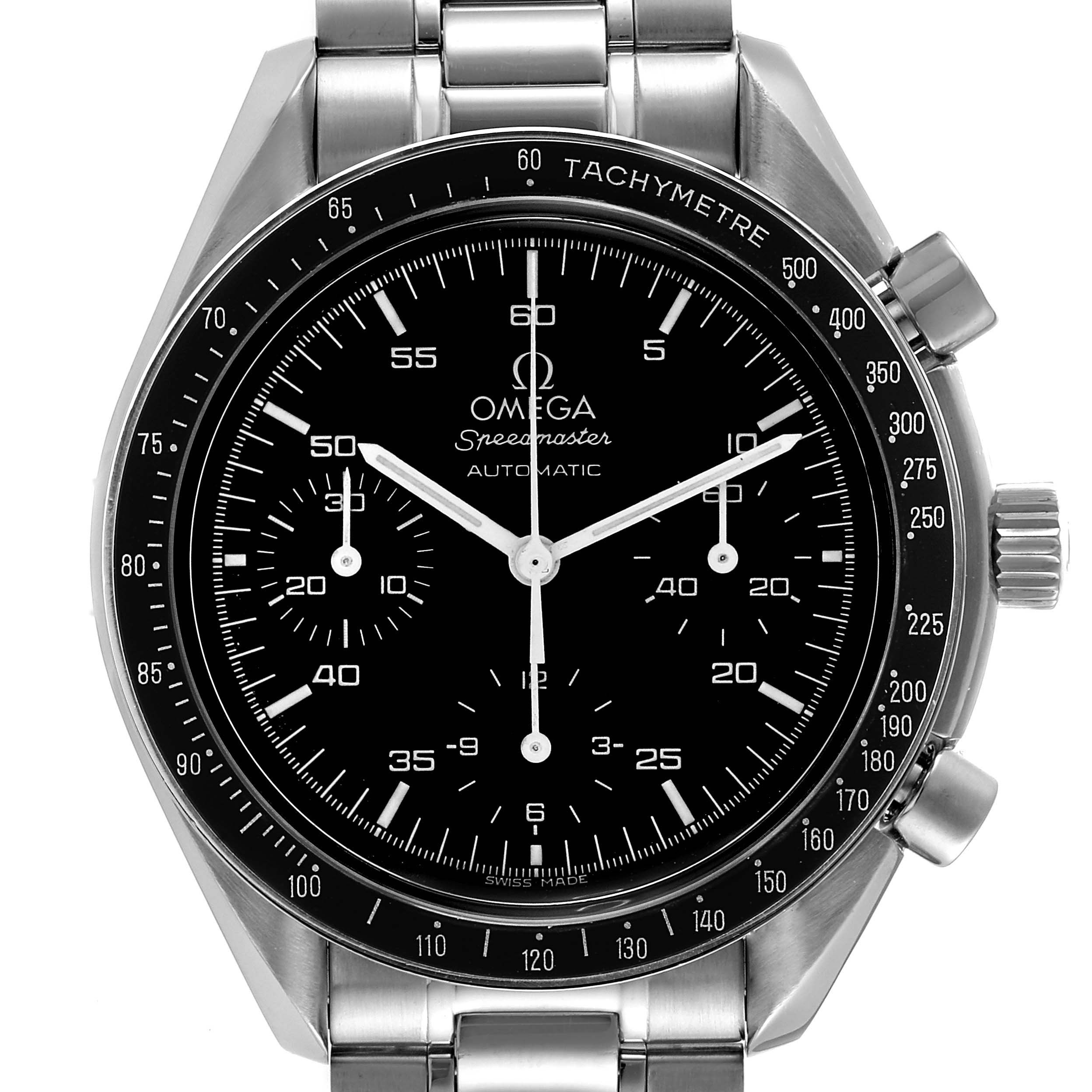 The image shows a front view of an Omega Speedmaster 3510.50.00 Men's Stainless Steel Black Dial 3510.50.00 Men's Stainless Steel Black Dial watch, displaying its face, tachymeter bezel, and metal bracelet.