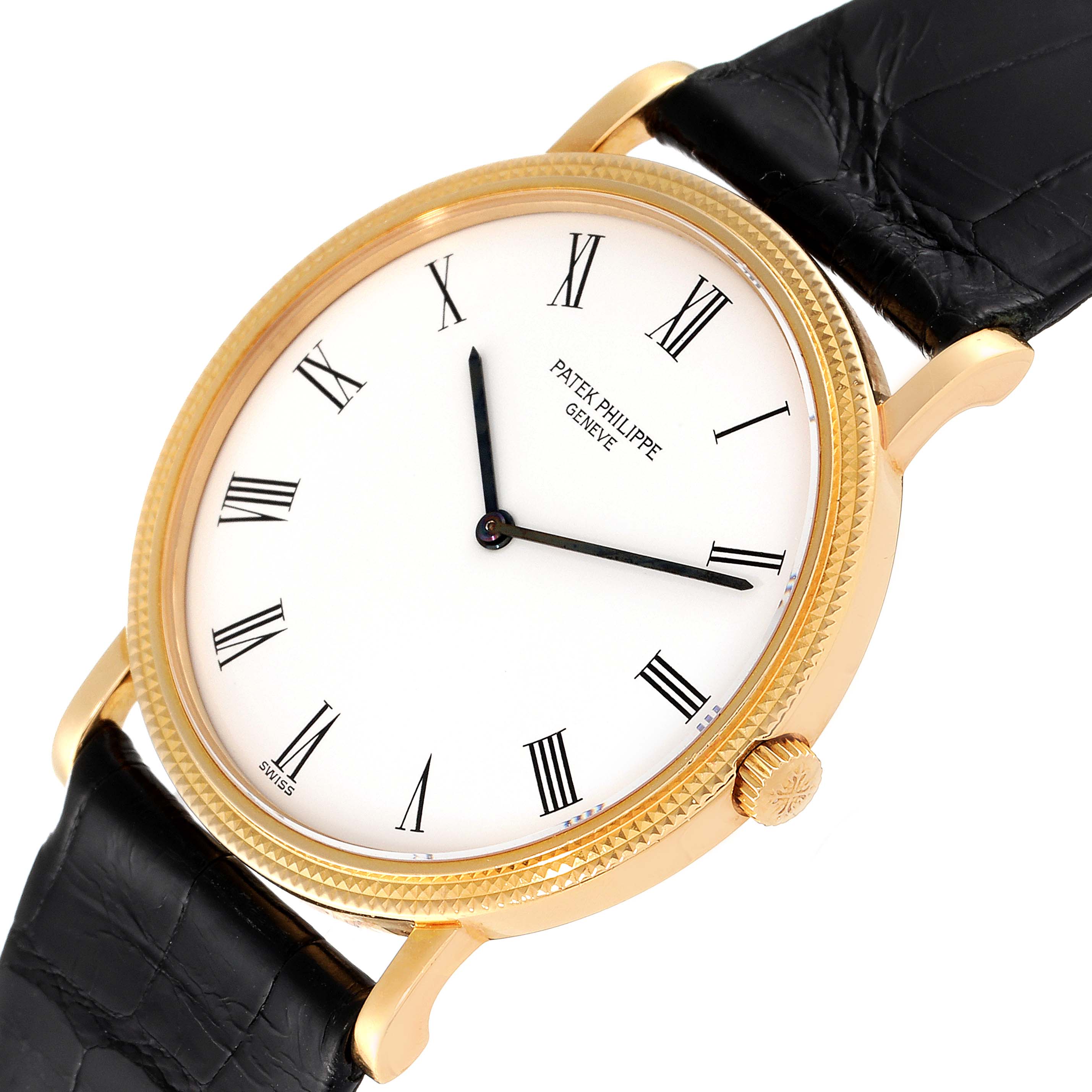 The image shows a Patek Philippe Calatrava 3520 Men's Yellow Gold White Dial 3520 Men's Yellow Gold White Dial watch from a perspective that highlights the dial, case, crown, and strap.