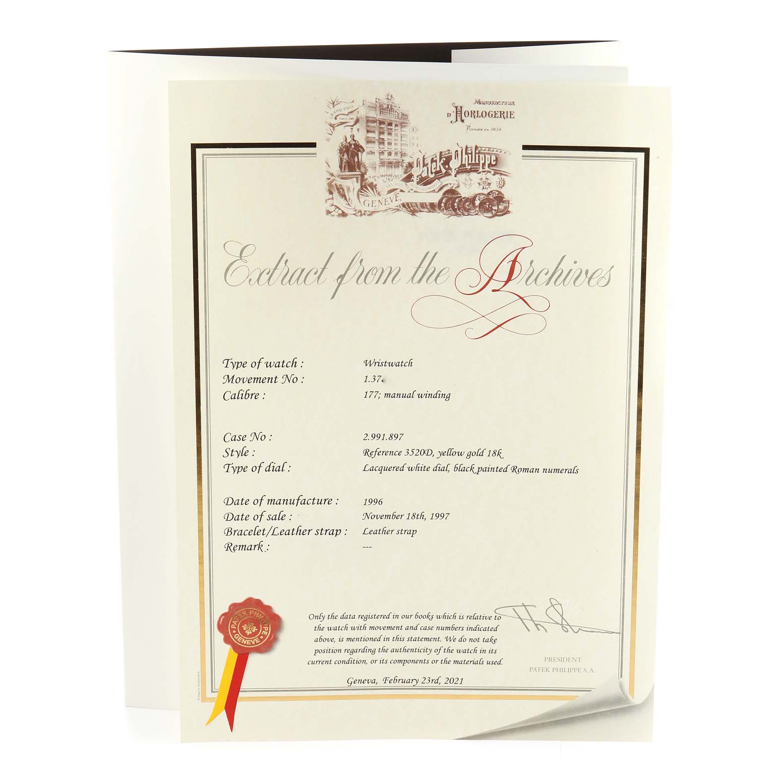 The image shows an "Extract from the Archives" certificate for a Patek Philippe Calatrava 3520 Men's Yellow Gold White Dial 3520 Men's Yellow Gold White Dial watch model, providing details about the watch.