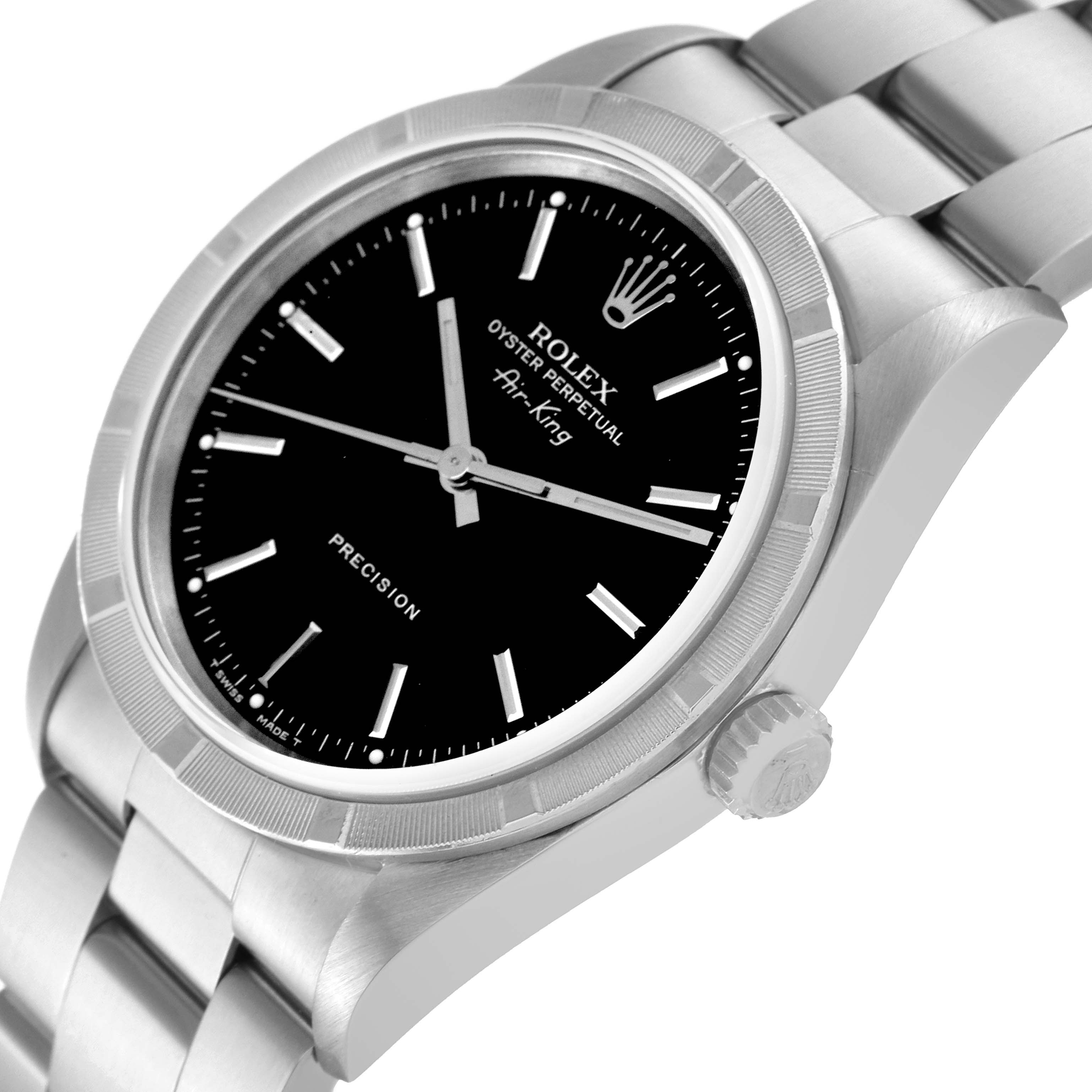 The image shows a close-up of a Rolex Air-King 14010 Men's Stainless Steel Black Dial 14010 Men's Stainless Steel Black Dial watch, highlighting the face, bezel, crown, and part of the bracelet at an oblique angle.