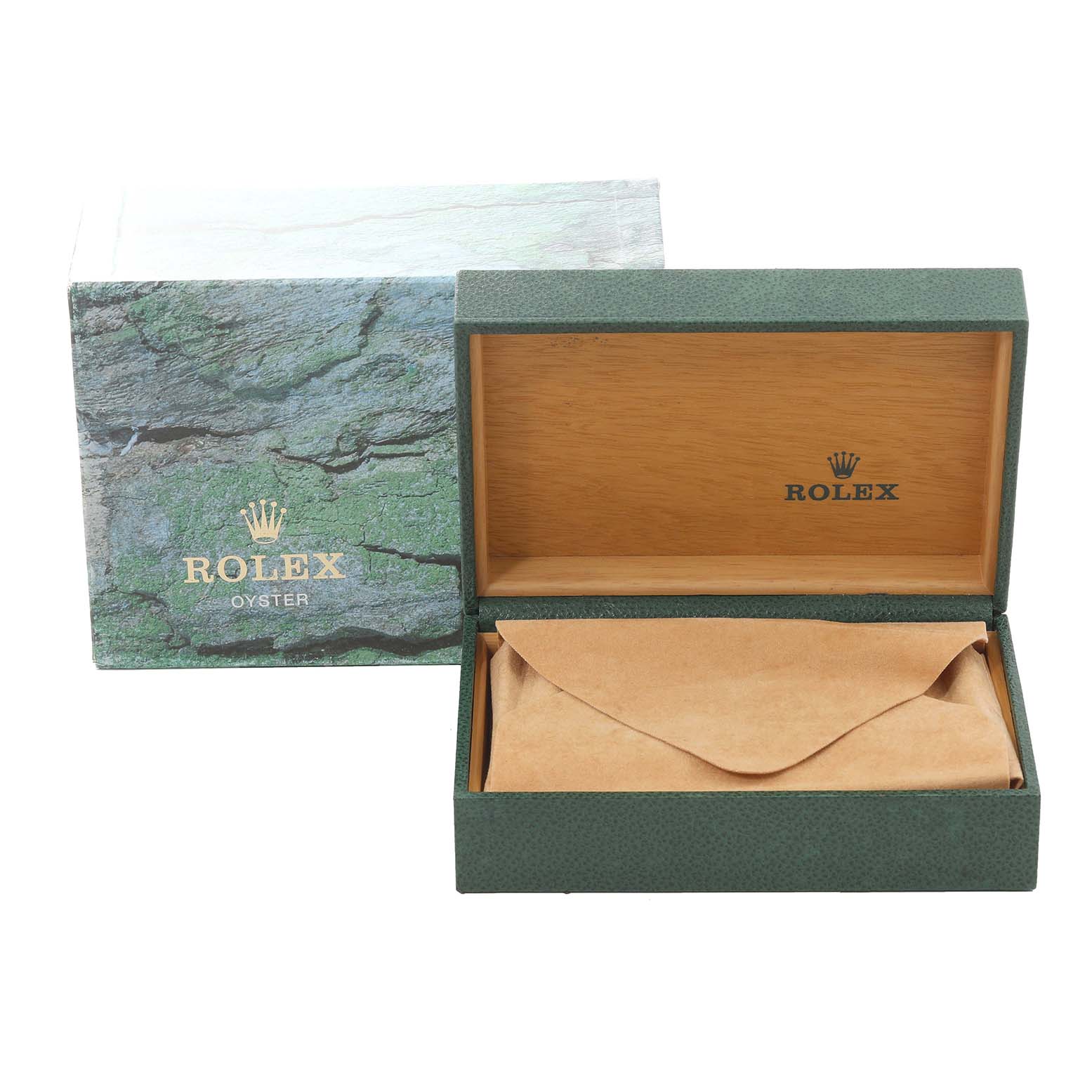 This image shows an open green Rolex branded box with a Rolex Oyster outer box, likely for the Air-King model watch.