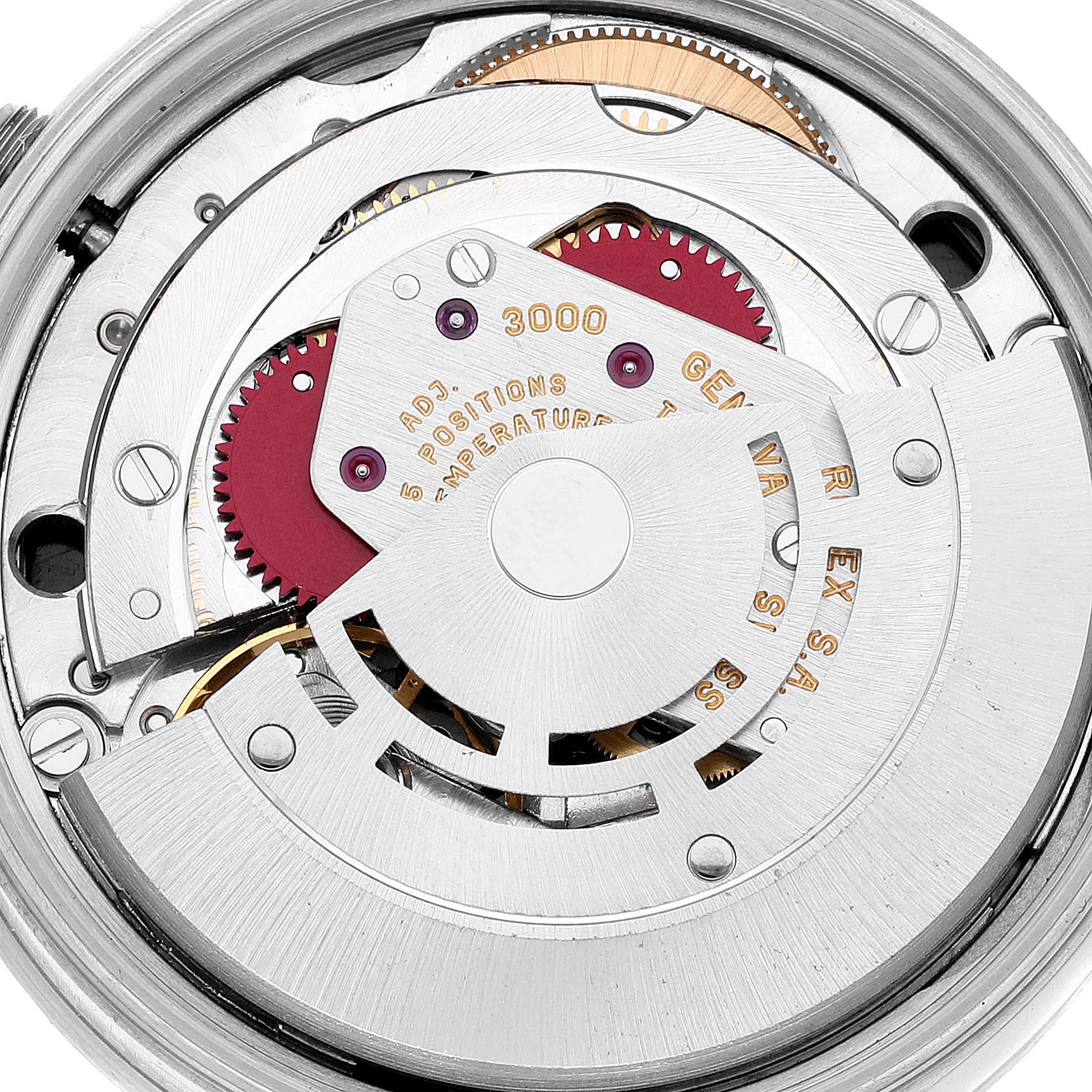 This is a close-up view of the internal mechanical movement of a Rolex Air-King 14010 Men's Stainless Steel Black Dial 14010 Men's Stainless Steel Black Dial watch.